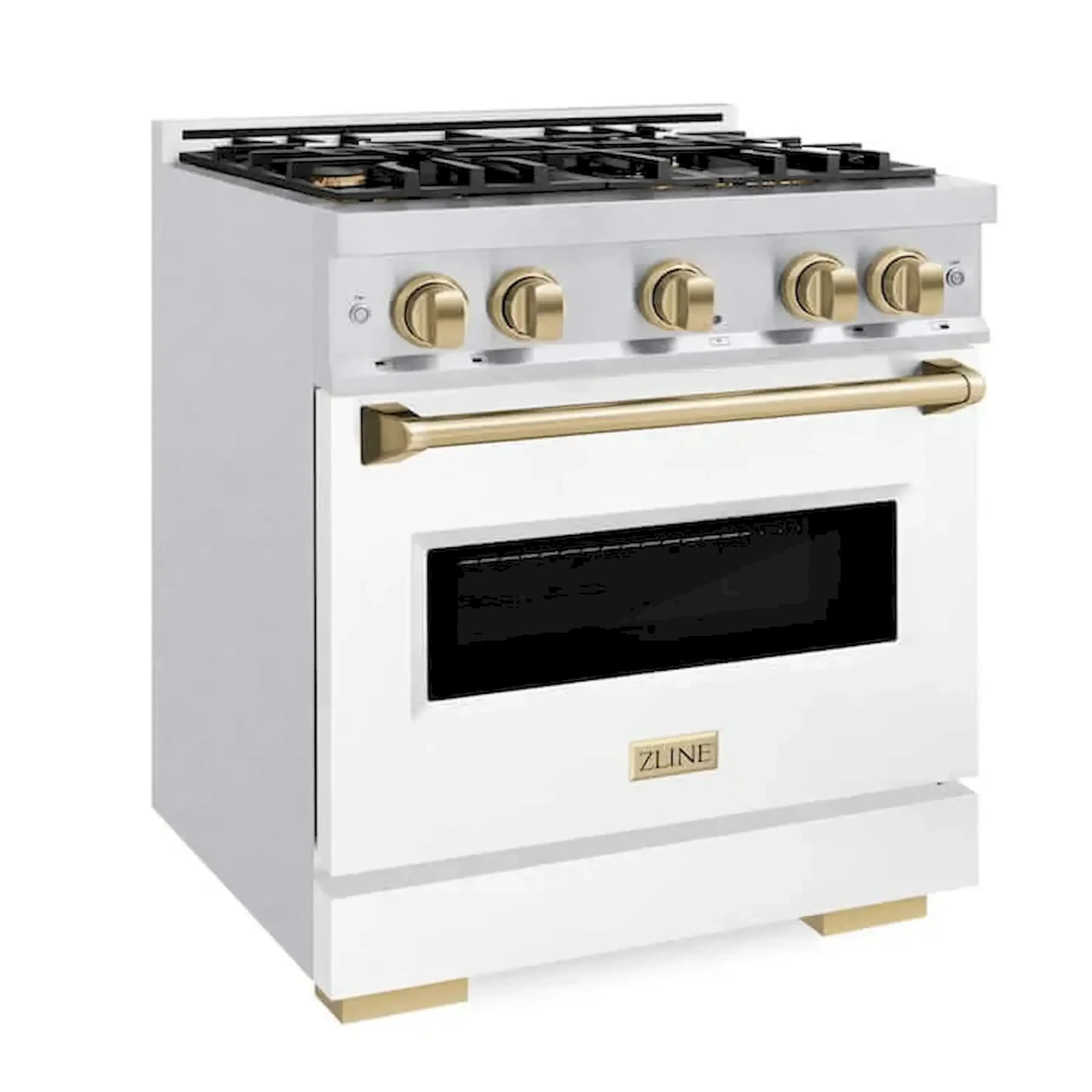 ZLINE Autograph Edition 30-Inch Classic Series Dual Fuel Range with 4 Gas Burner Cooktop and 4.2 Cu. Ft. Electric Convection Oven in Satin Stainless Steel with White Matte Door and Champagne Bronze Accents (CDRSZ-WM-30-CB) - Image 2