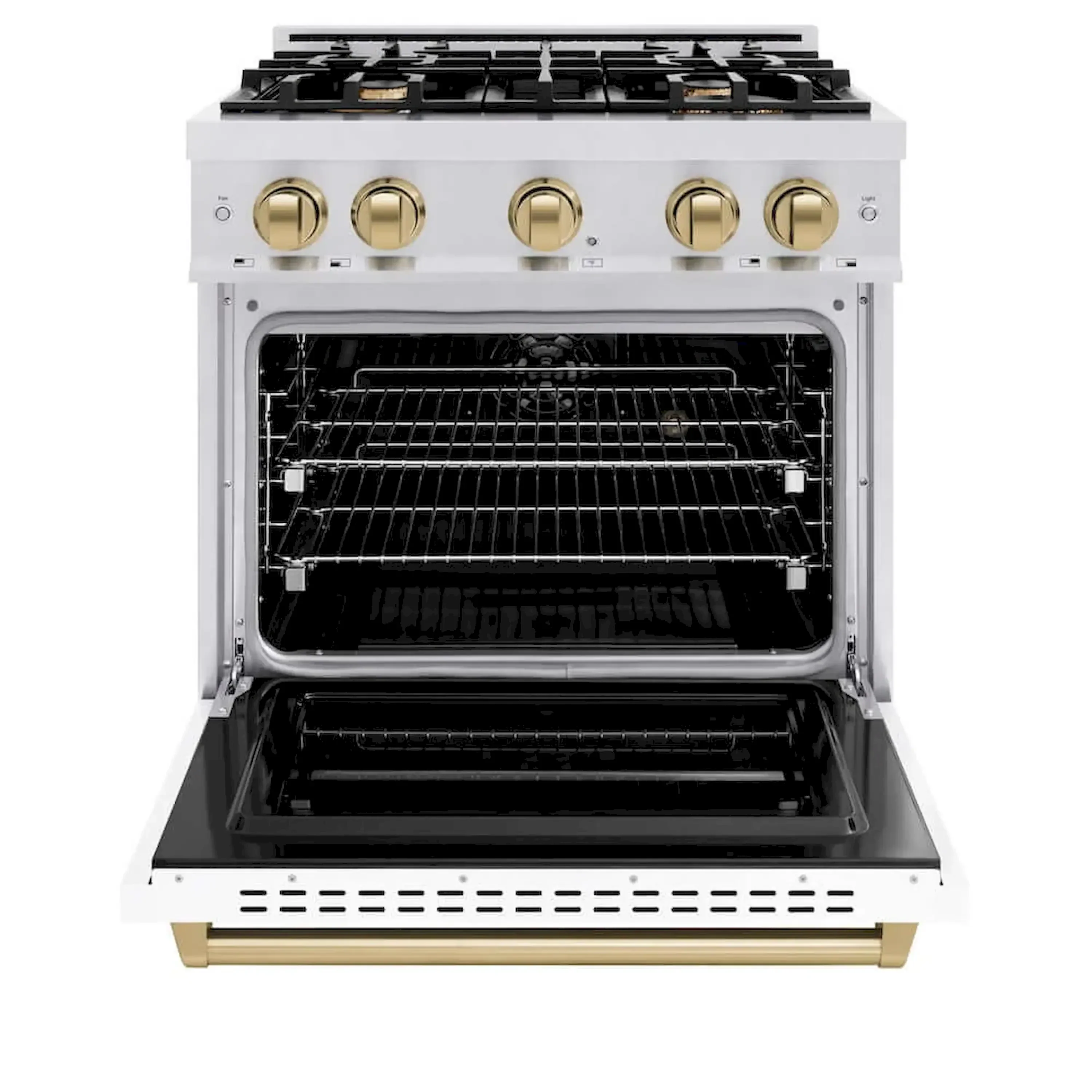 ZLINE Autograph Edition 30-Inch Classic Series Dual Fuel Range with 4 Gas Burner Cooktop and 4.2 Cu. Ft. Electric Convection Oven in Satin Stainless Steel with White Matte Door and Champagne Bronze Accents (CDRSZ-WM-30-CB) - Image 3
