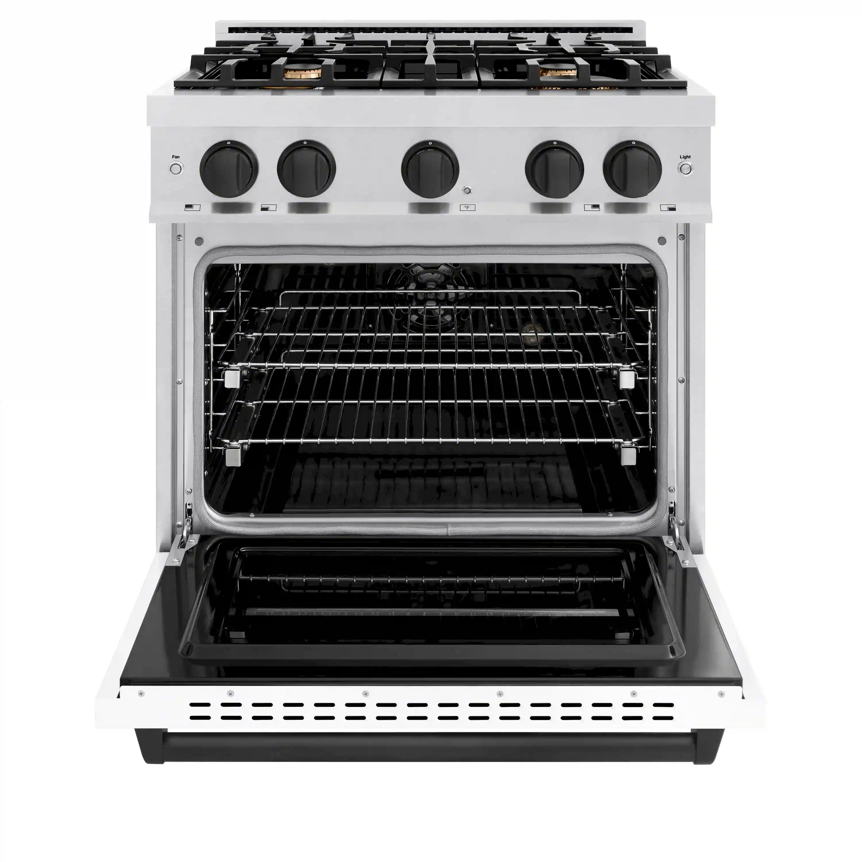 ZLINE Autograph Edition 30-Inch Classic Series Dual Fuel Range with 4 Gas Burner Cooktop and 4.2 Cu. Ft. Electric Convection Oven in Satin Stainless Steel with White Matte Door and Matte Black Accents (CDRSZ-WM-30-MB) - Image 3