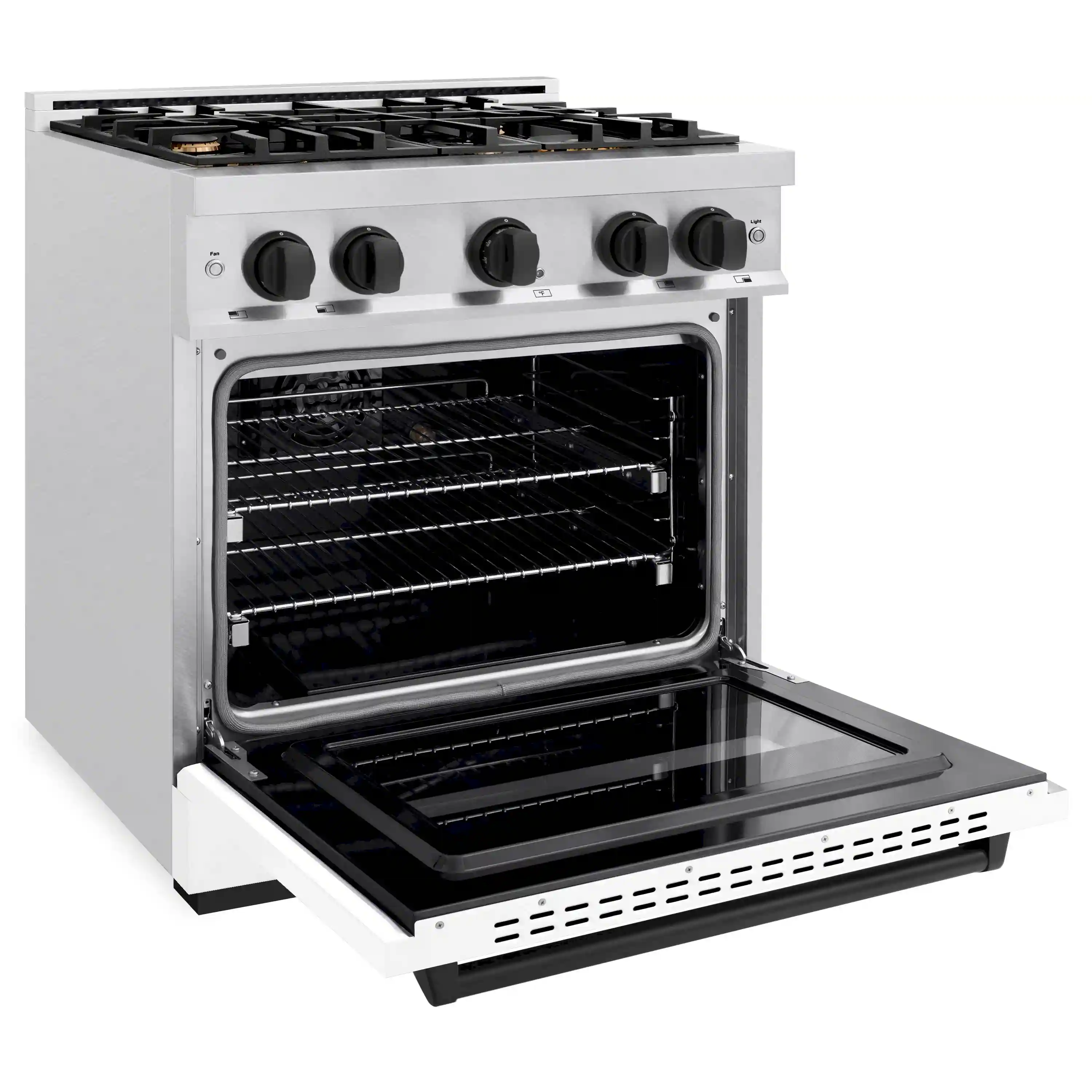 ZLINE Autograph Edition 30-Inch Classic Series Dual Fuel Range with 4 Gas Burner Cooktop and 4.2 Cu. Ft. Electric Convection Oven in Satin Stainless Steel with White Matte Door and Matte Black Accents (CDRSZ-WM-30-MB) - Image 4