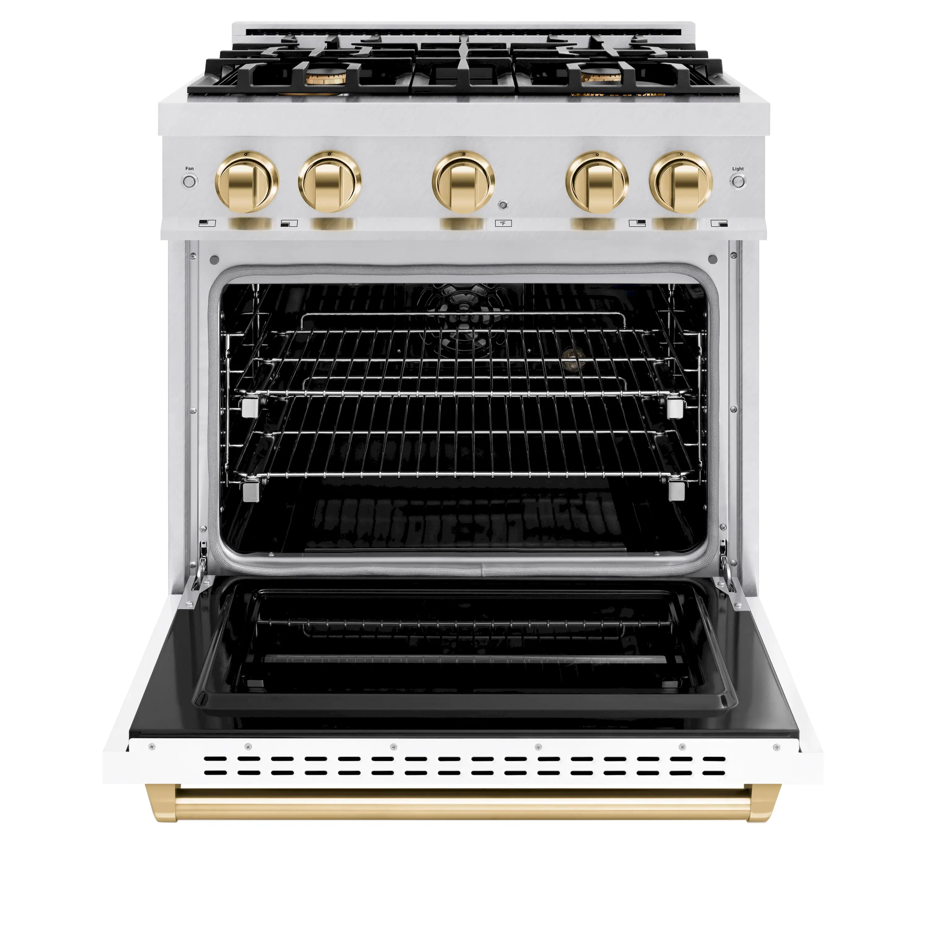 ZLINE Autograph Edition 30-Inch Classic Series Dual Fuel Range with 4 Gas Burner Cooktop and 4.2 Cu. Ft. Electric Convection Oven in Satin Stainless Steel with White Matte Door and Polished Gold Accents (CDRSZ-WM-30-G) - Image 3