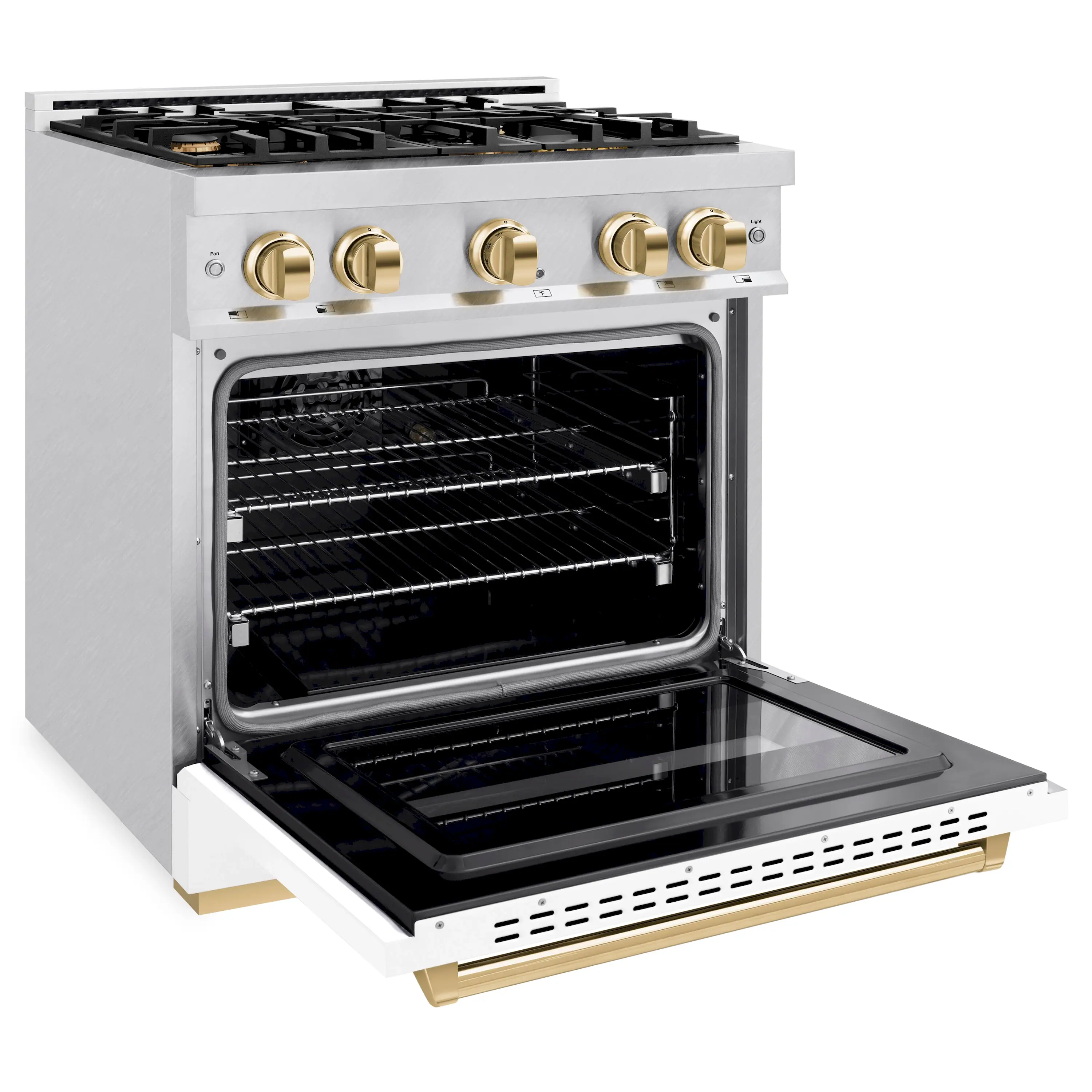 ZLINE Autograph Edition 30-Inch Classic Series Dual Fuel Range with 4 Gas Burner Cooktop and 4.2 Cu. Ft. Electric Convection Oven in Satin Stainless Steel with White Matte Door and Polished Gold Accents (CDRSZ-WM-30-G) - Image 4