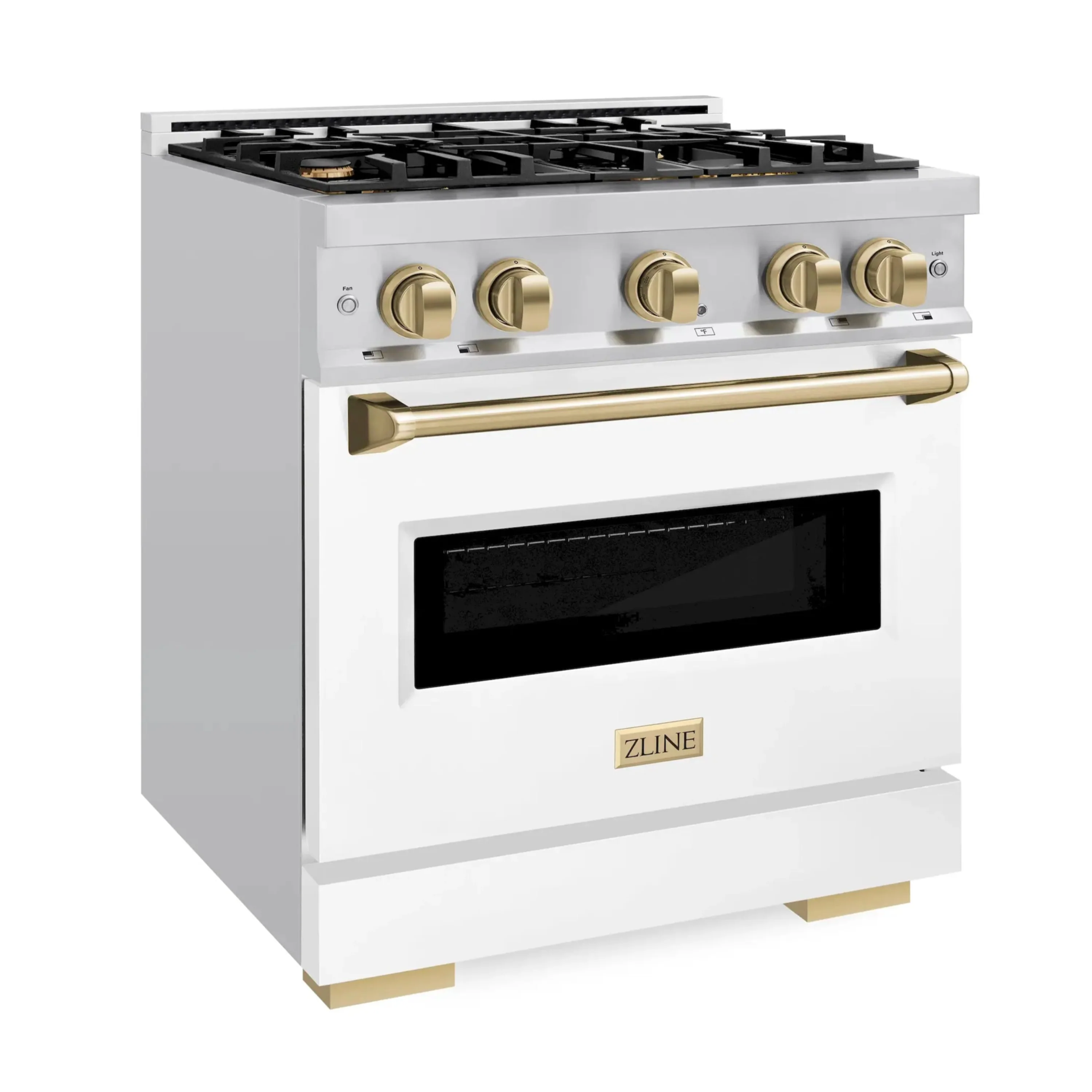 ZLINE Autograph Edition 30-Inch Classic Series Dual Fuel Range with 4 Gas Burner Cooktop and 4.2 Cu. Ft. Electric Convection Oven in Stainless Steel with White Matte Door and Champagne Bronze Accents (CDRZ-WM-30-CB) - Image 2