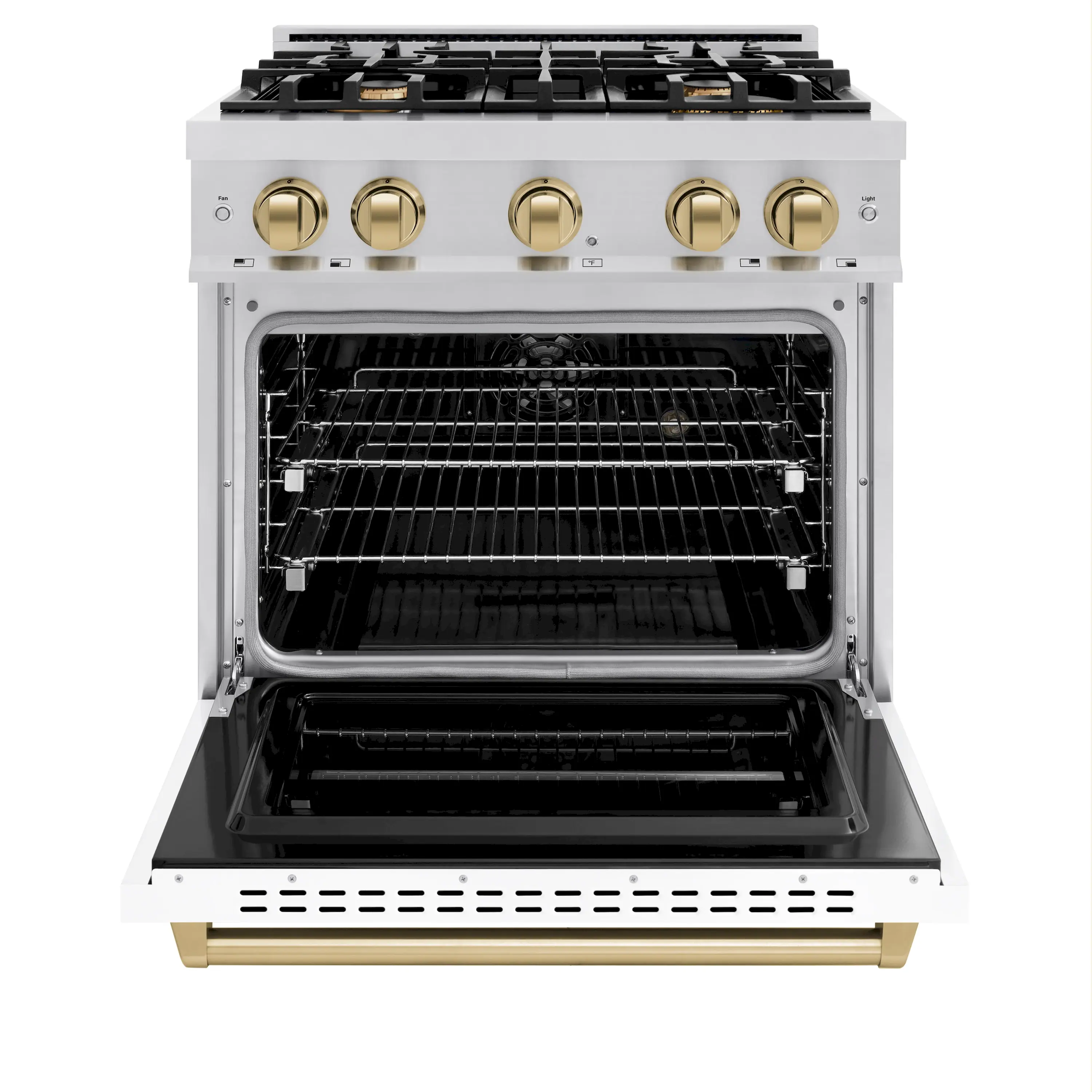 ZLINE Autograph Edition 30-Inch Classic Series Dual Fuel Range with 4 Gas Burner Cooktop and 4.2 Cu. Ft. Electric Convection Oven in Stainless Steel with White Matte Door and Champagne Bronze Accents (CDRZ-WM-30-CB) - Image 3