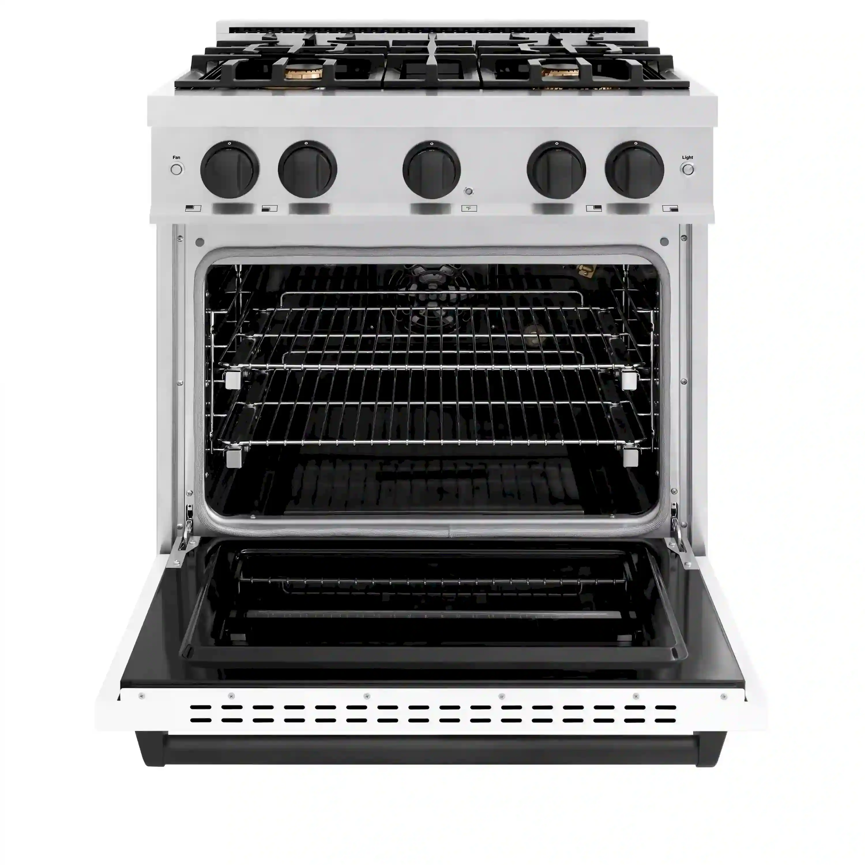 ZLINE Autograph Edition 30-Inch Classic Series Gas Range with 4 Gas Burner Cooktop and 4.2 Cu. Ft. Gas Convection Oven  in Satin Stainless Steel with White Matte Door and Matte Black Accents (CGRSZ-WM-30-MB) - Image 3