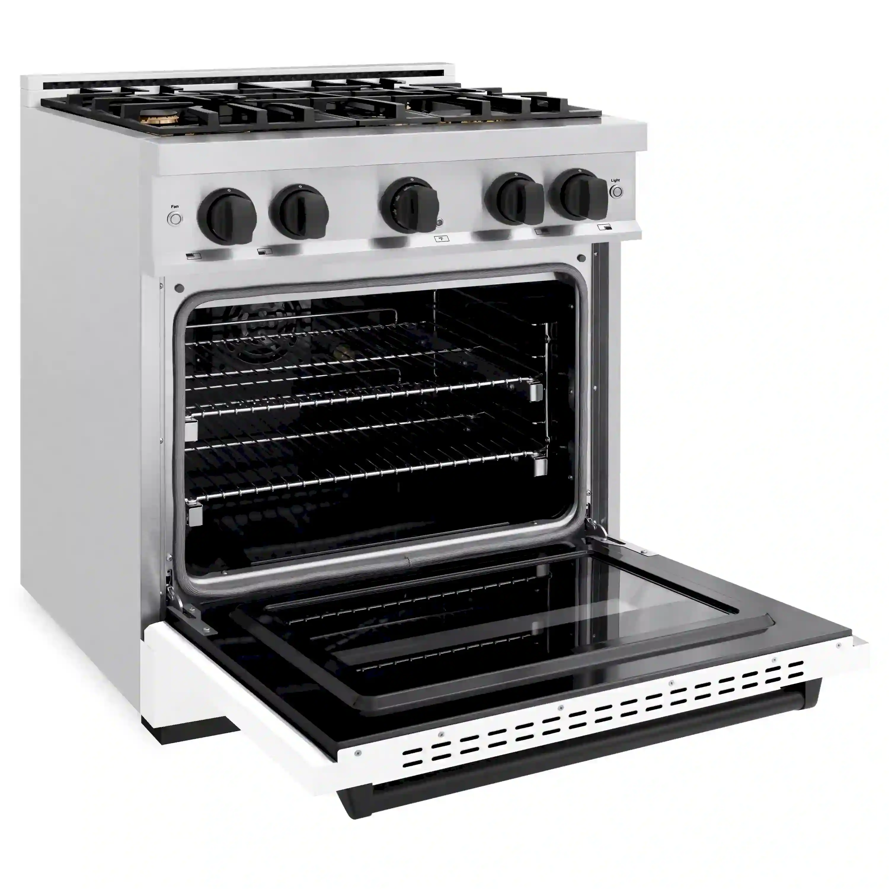 ZLINE Autograph Edition 30-Inch Classic Series Gas Range with 4 Gas Burner Cooktop and 4.2 Cu. Ft. Gas Convection Oven  in Satin Stainless Steel with White Matte Door and Matte Black Accents (CGRSZ-WM-30-MB) - Image 4