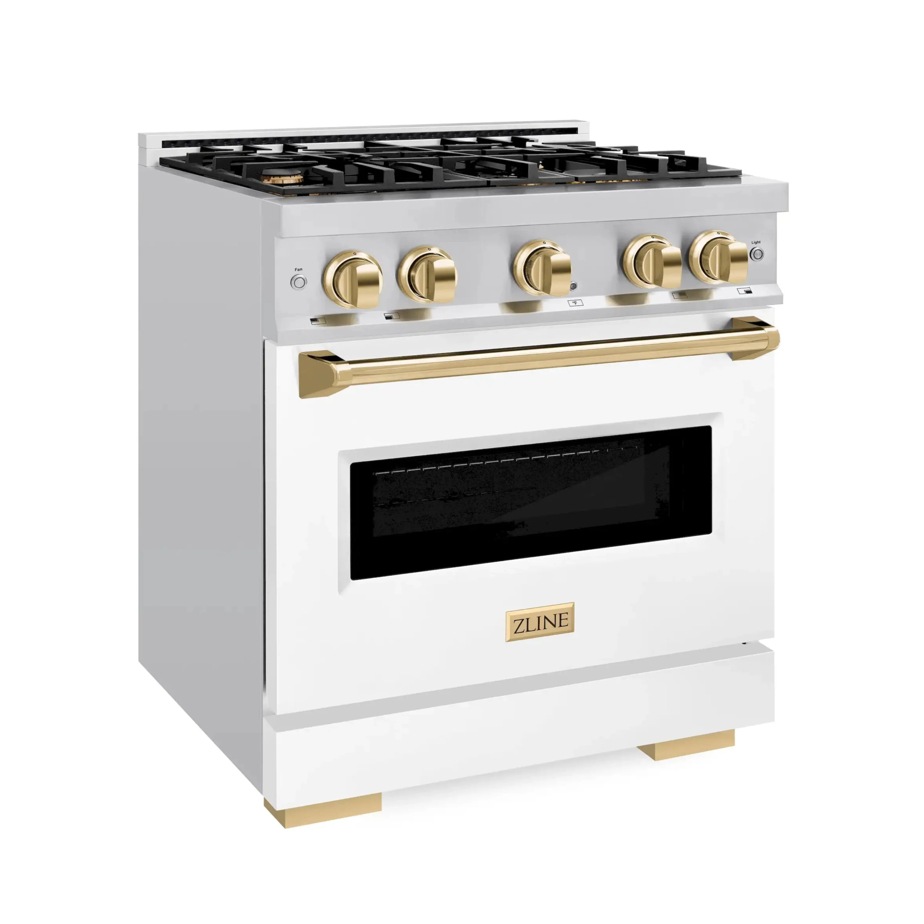 ZLINE Autograph Edition 30-Inch Classic Series Gas Range with 4 Gas Burner Cooktop and 4.2 Cu. Ft. Gas Convection Oven  in Satin Stainless Steel with White Matte Door and Polished Gold Accents (CGRSZ-WM-30-G) - Image 2