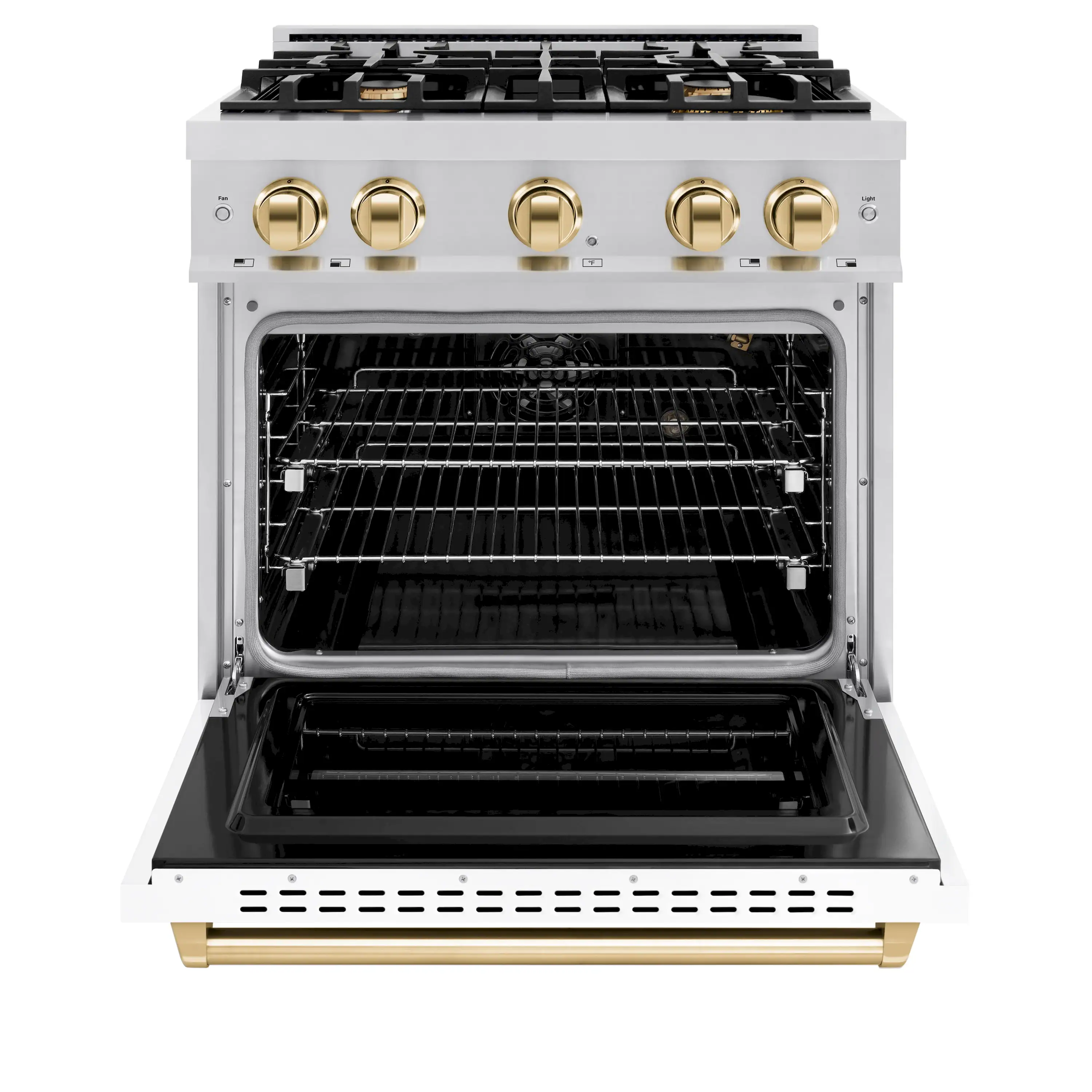 ZLINE Autograph Edition 30-Inch Classic Series Gas Range with 4 Gas Burner Cooktop and 4.2 Cu. Ft. Gas Convection Oven  in Satin Stainless Steel with White Matte Door and Polished Gold Accents (CGRSZ-WM-30-G) - Image 3