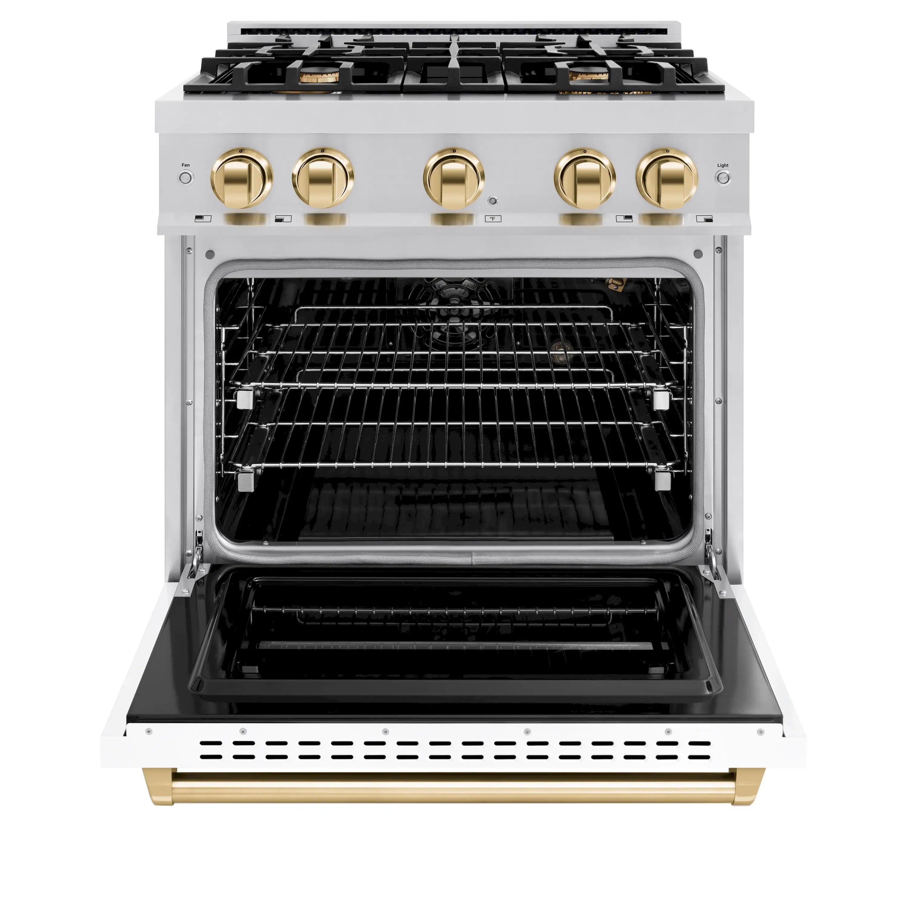 ZLINE Autograph Edition 30-Inch Classic Series Gas Range with 4 Gas Burner Cooktop and 4.2 Cu. Ft. Gas Convection Oven  in Stainless Steel with White Matte Door and Polished Gold Accents (CGRZ-WM-30-G) - Image 3