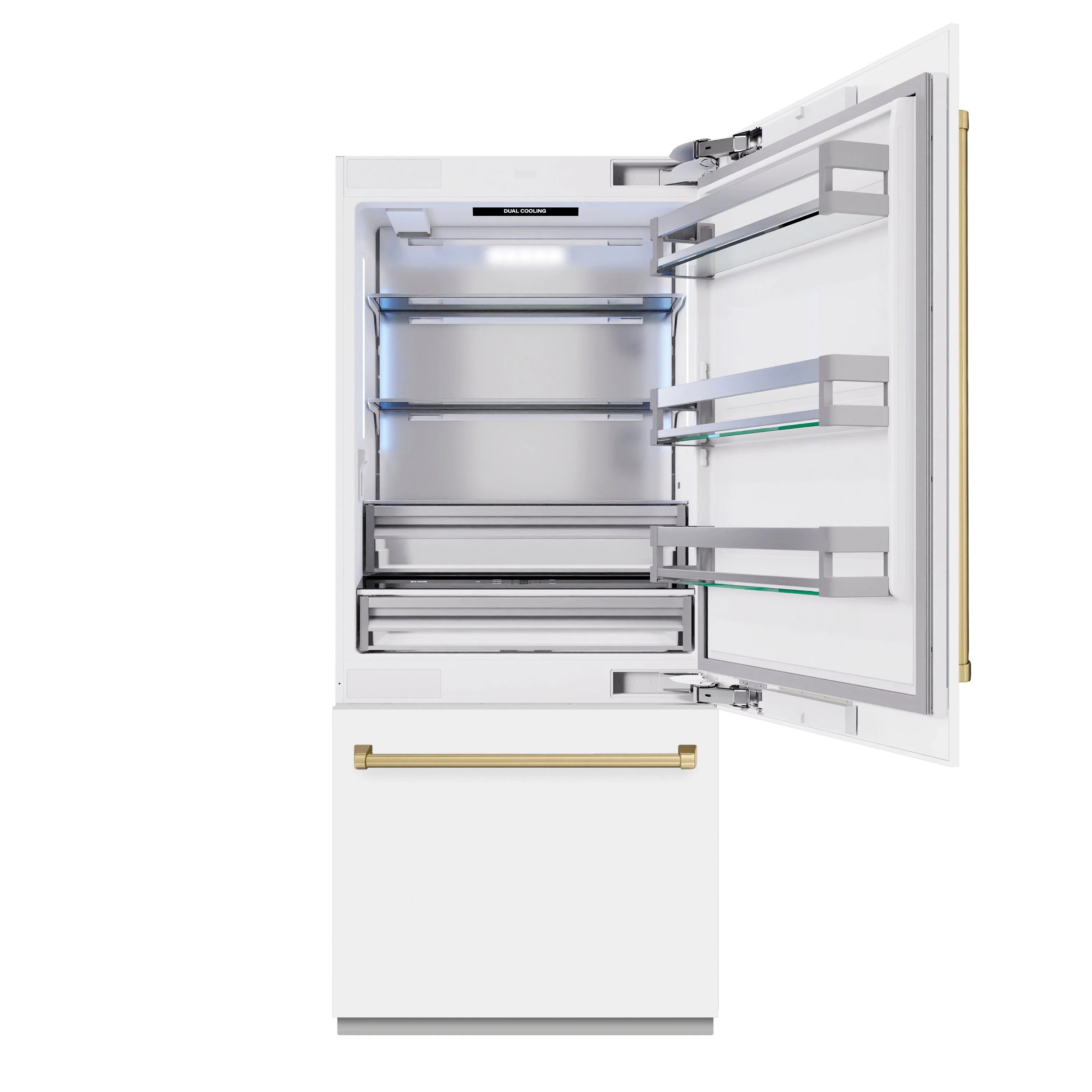 ZLINE Autograph Edition 36-Inch 19.8 Cu. Ft. Built-In Bottom Freezer Refrigerator with Water Dispenser and Ice Maker in White Matte and Champagne Bronze Accents (RBITZ-WM-36-CB) - Image 4