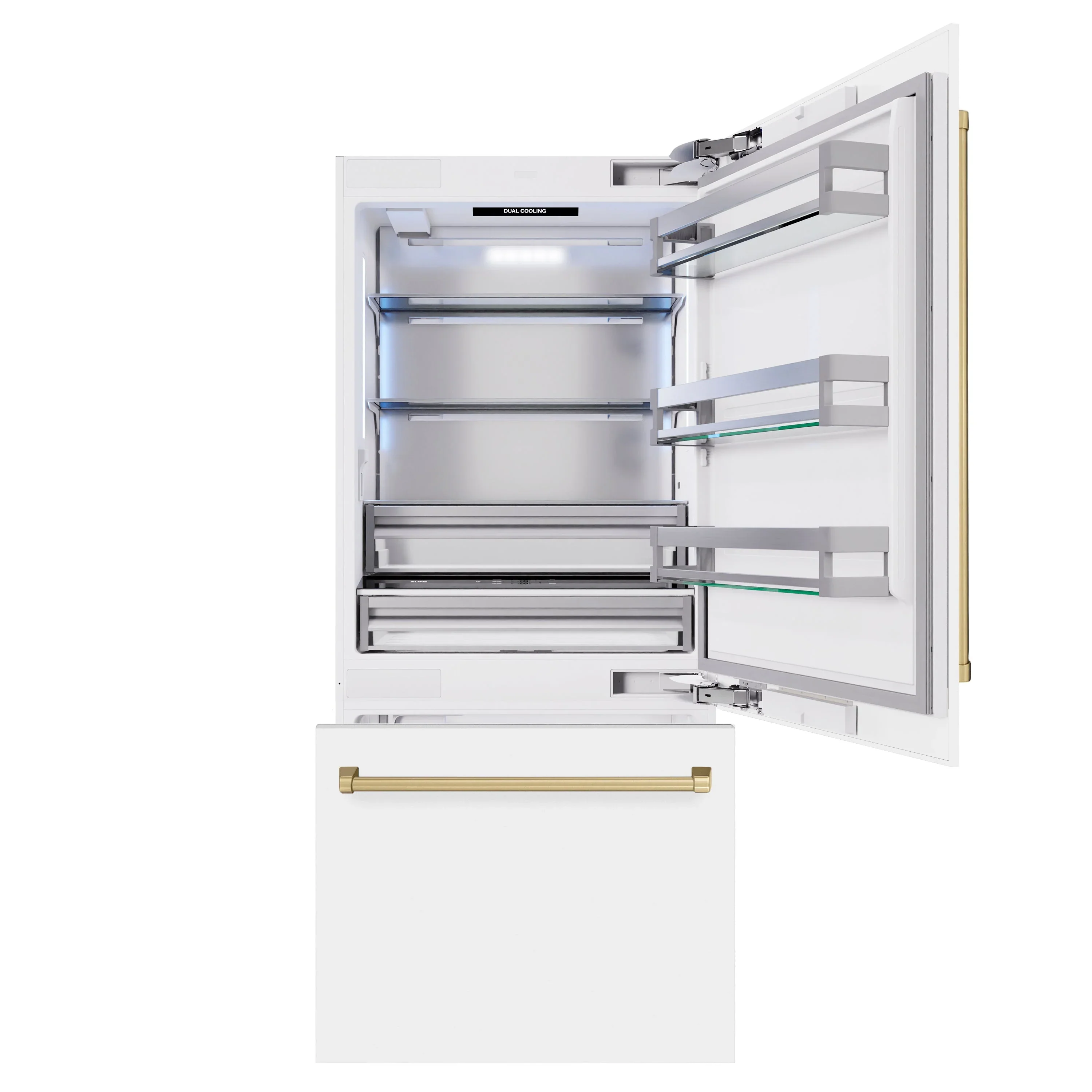 ZLINE Autograph Edition 36-Inch 19.8 Cu. Ft. Built-In Bottom Freezer Refrigerator with Water Dispenser and Ice Maker in White Matte and Champagne Bronze Accents (RBITZ-WM-36-CB) - Image 5