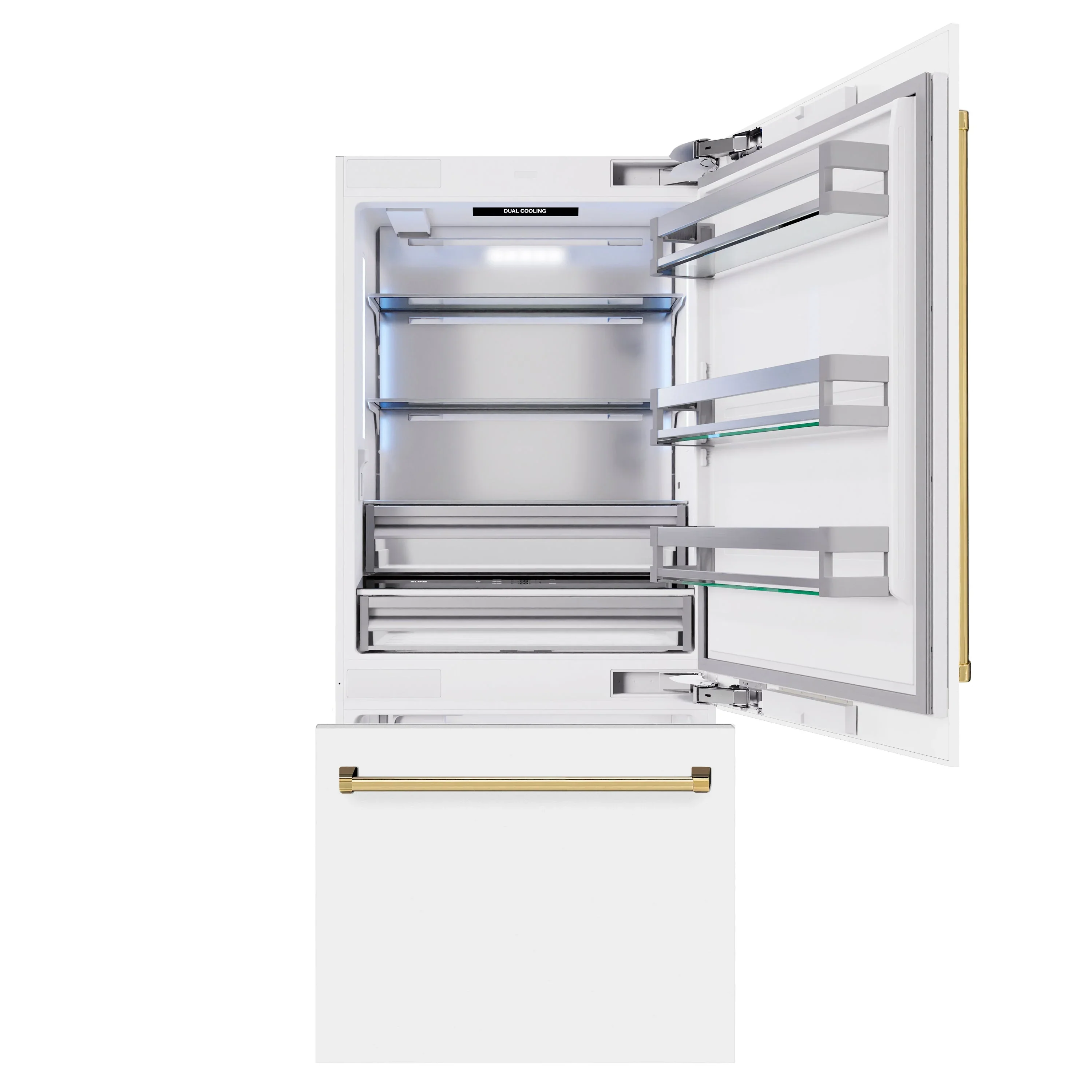 ZLINE Autograph Edition 36-Inch 19.8 Cu. Ft. Built-In Bottom Freezer Refrigerator with Water Dispenser and Ice Maker in White Matte and Polished Gold Accents (RBITZ-WM-36-G) - Image 5