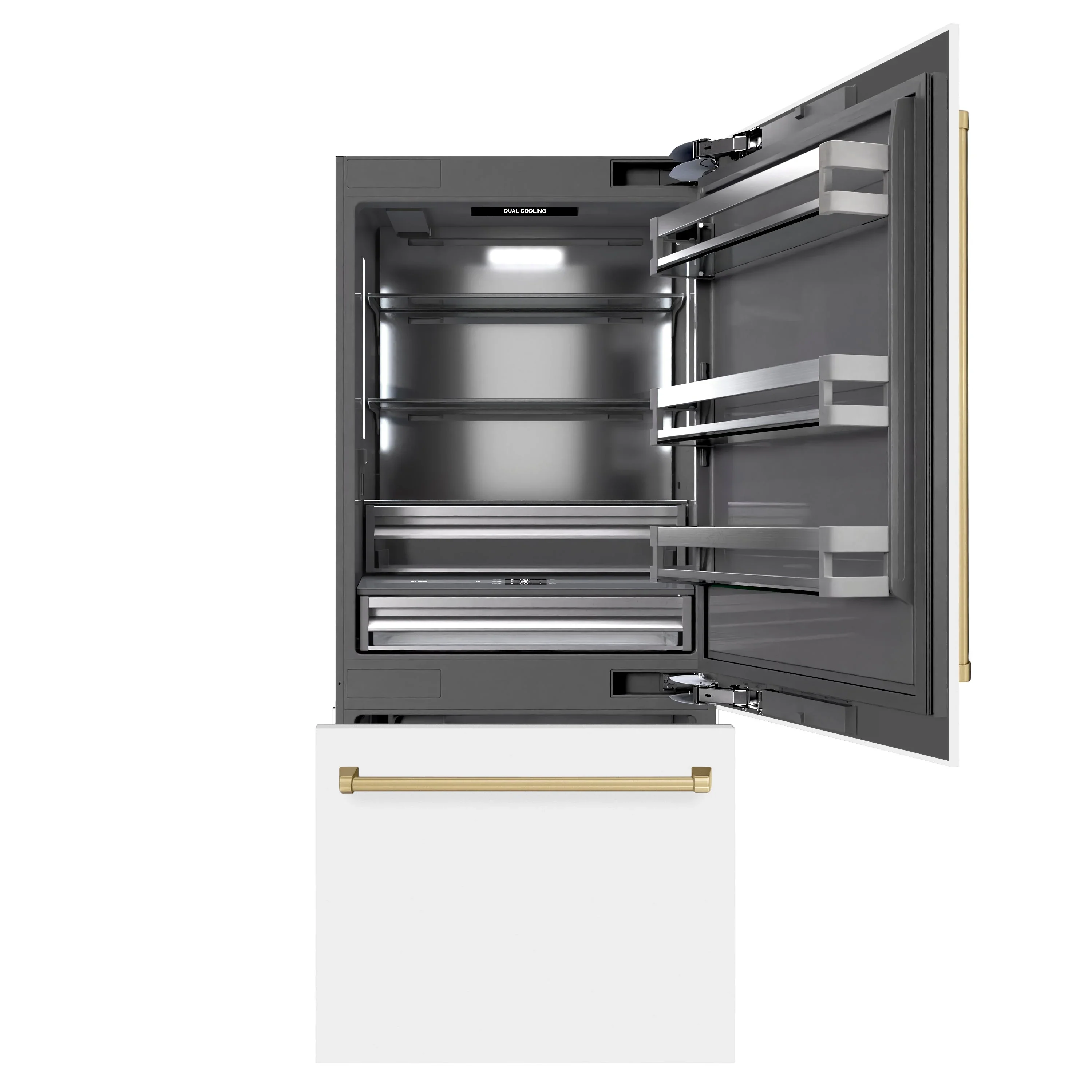 ZLINE Autograph Edition 36-Inch 19.8 Cu. Ft. Built-In Bottom Freezer Refrigerator with Water Dispenser and Ice Maker in White Matte with Graphite Gray Interior and Champagne Bronze Accents (GRBITZ-WM-36-CB) - Image 3