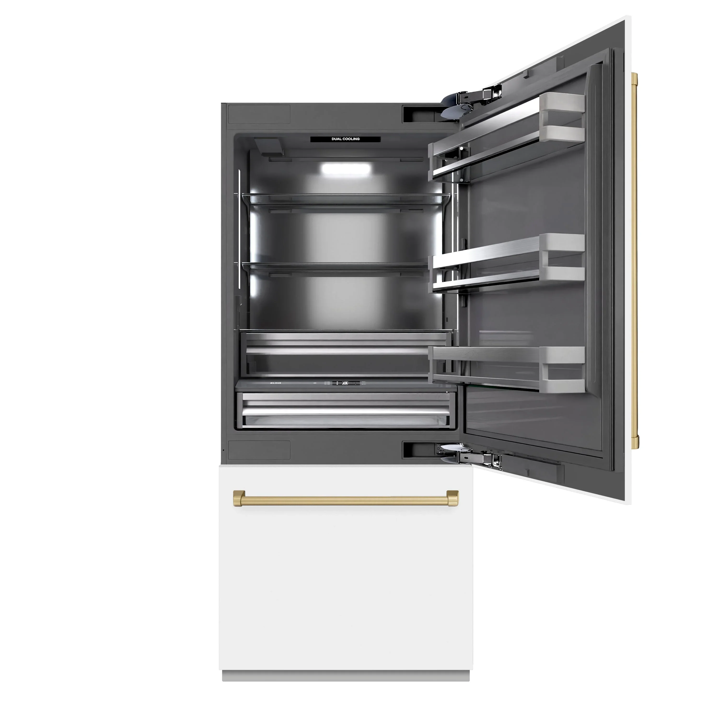 ZLINE Autograph Edition 36-Inch 19.8 Cu. Ft. Built-In Bottom Freezer Refrigerator with Water Dispenser and Ice Maker in White Matte with Graphite Gray Interior and Champagne Bronze Accents (GRBITZ-WM-36-CB) - Image 4