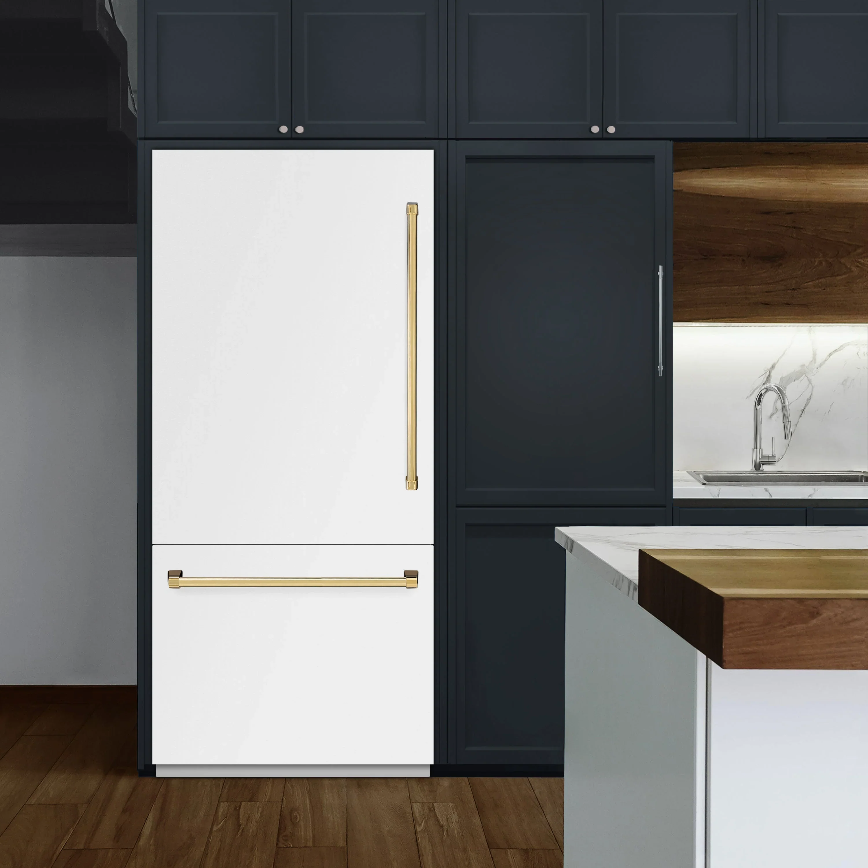 ZLINE Autograph Edition 36-Inch 19.8 Cu. Ft. Built-In Bottom Freezer Refrigerator with Water Dispenser and Ice Maker in White Matte with Graphite Gray Interior and Polished Gold Accents (GRBITZ-WM-36-G) - Image 2