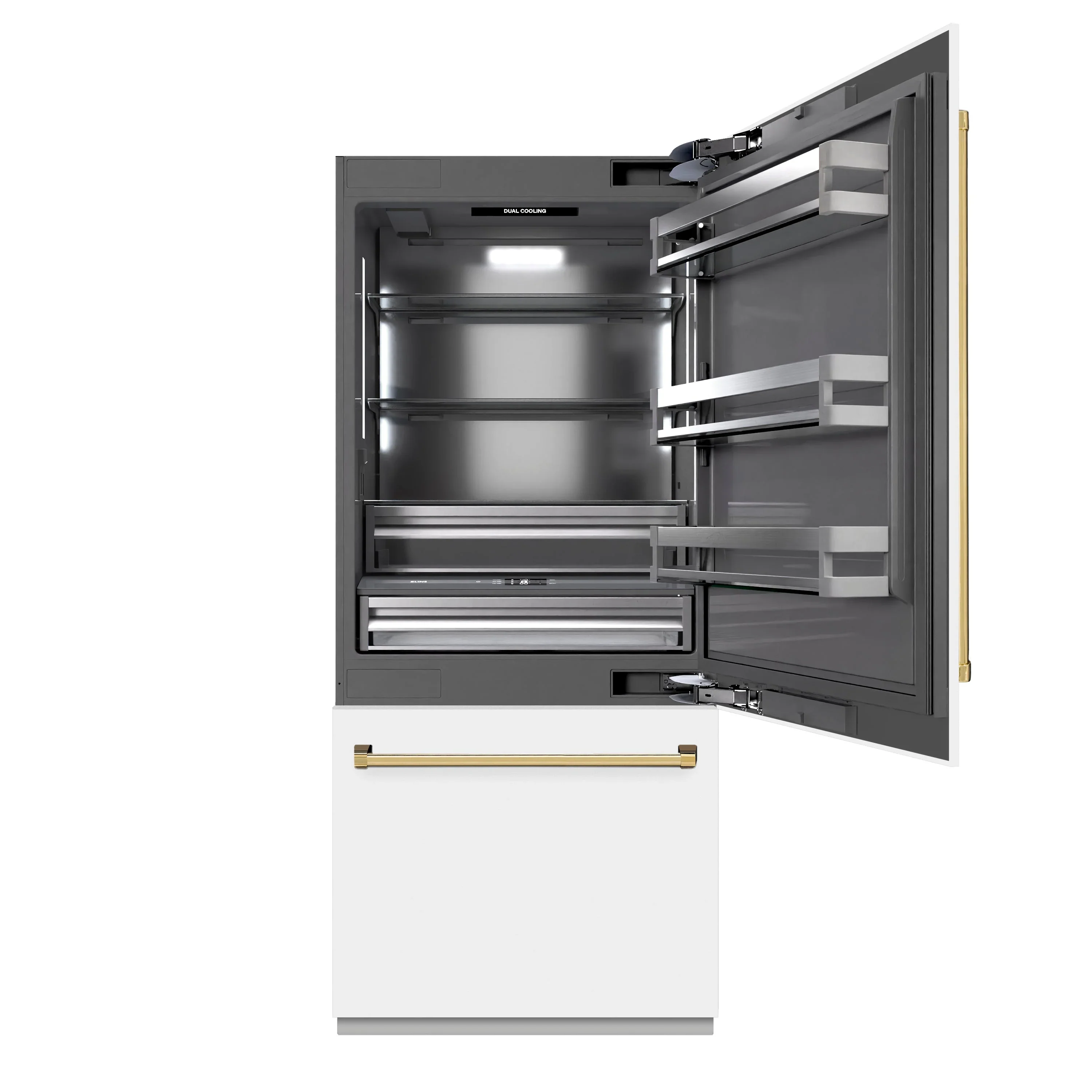 ZLINE Autograph Edition 36-Inch 19.8 Cu. Ft. Built-In Bottom Freezer Refrigerator with Water Dispenser and Ice Maker in White Matte with Graphite Gray Interior and Polished Gold Accents (GRBITZ-WM-36-G) - Image 3