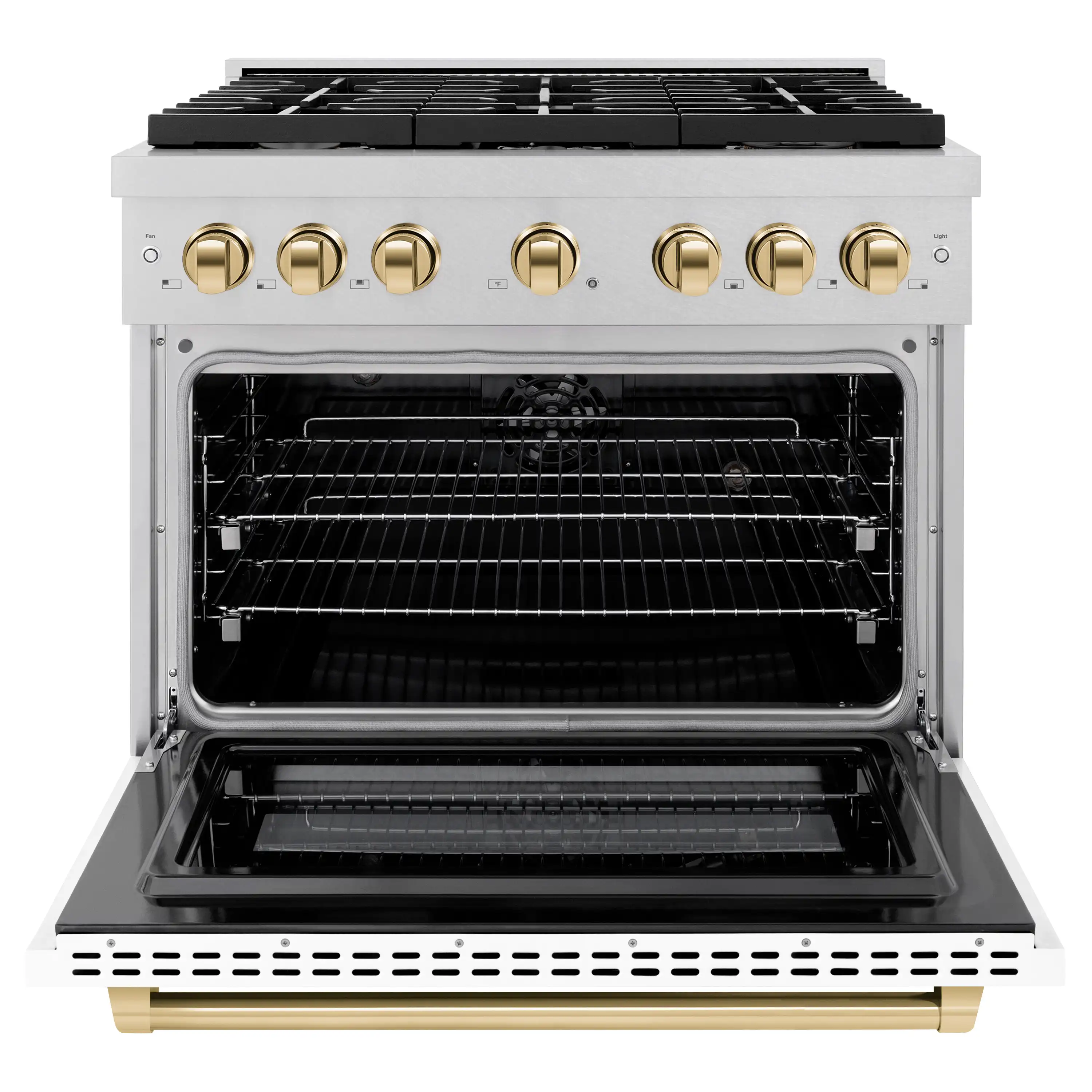 ZLINE Autograph Edition 36 in. 5.2 cu. ft. Paramount Dual Fuel Range with 6 Burner Gas Cooktop and Electric Convection Oven in Satin Stainless Steel with White Matte Door and Polished Gold Accents (SDRSZ-WM-36-G) - Image 2