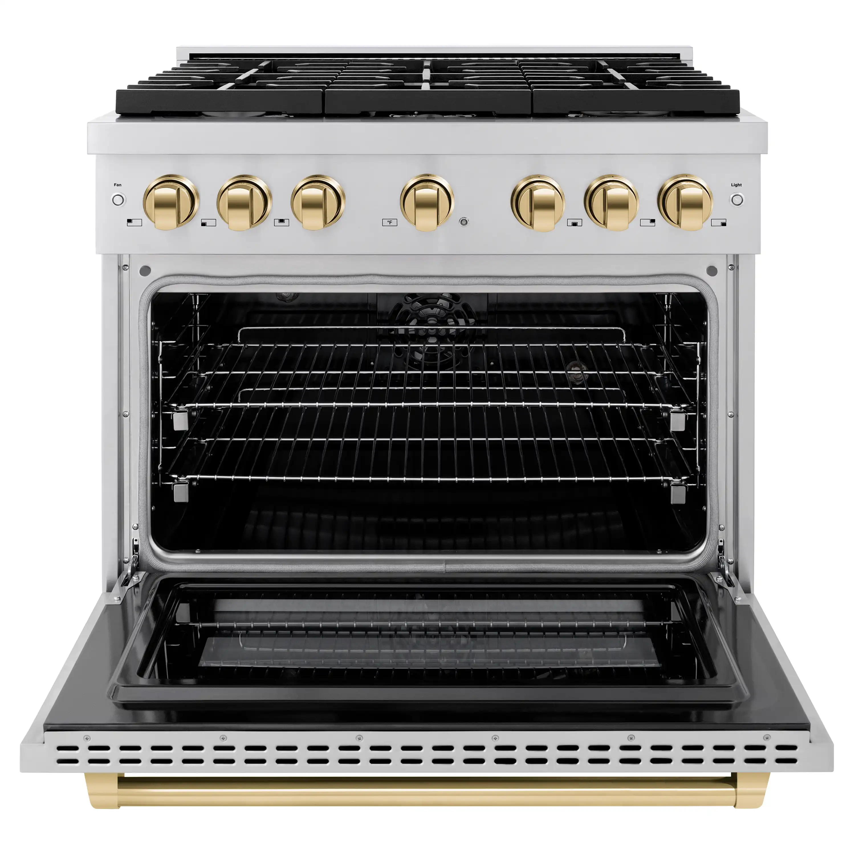 ZLINE Autograph Edition 36 in. 5.2 cu. ft. Paramount Dual Fuel Range with 6 Burner Gas Cooktop and Electric Convection Oven in Stainless Steel with Polished Gold Accents (SDRZ-36-G) - Image 3