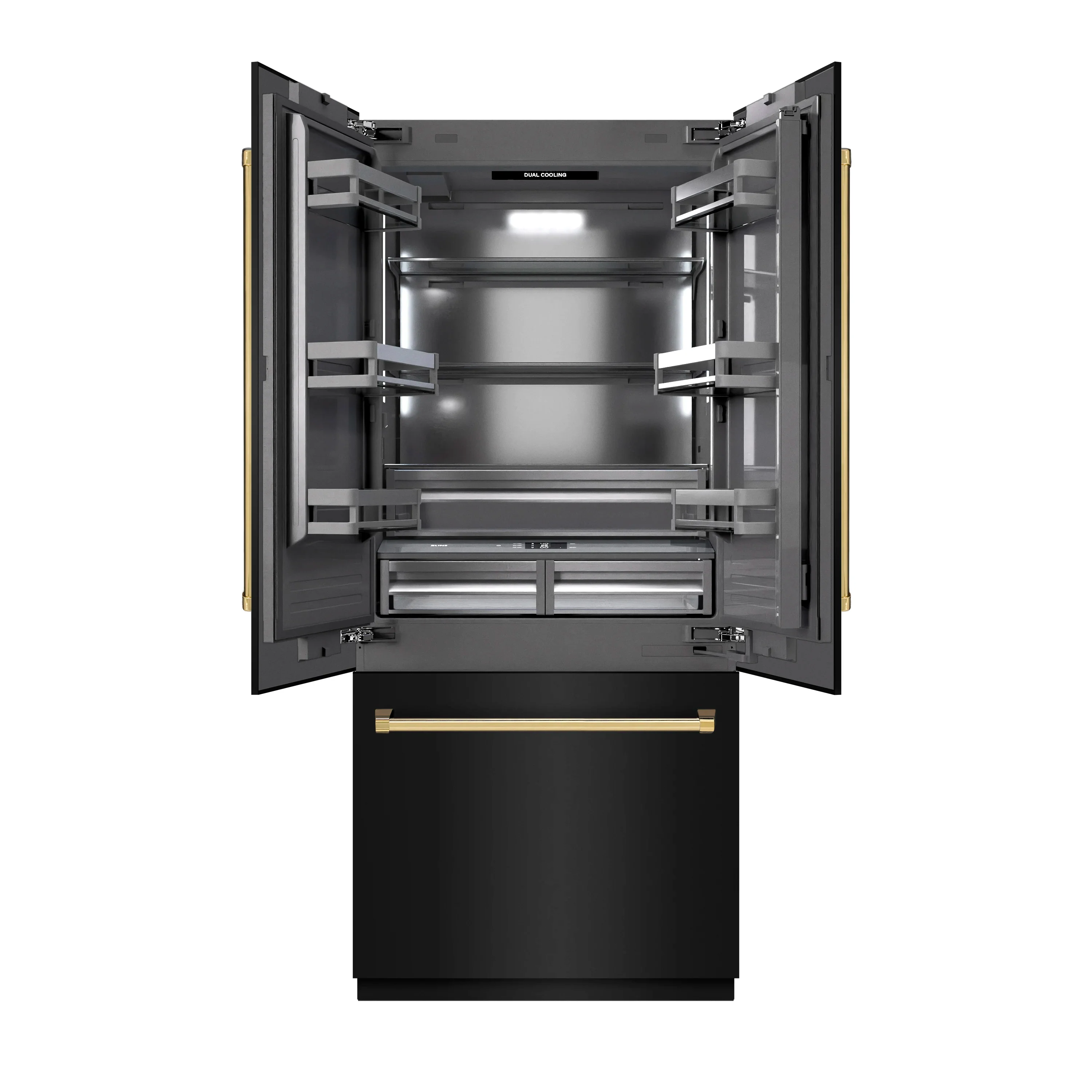 ZLINE Autograph Edition 36-Inch 19.6 Cu. Ft. French Door Built-In Bottom Freezer Refrigerator with Water Dispenser and Ice Maker in Black Stainless Steel with Graphite Gray Interior and Polished Gold Accents (GRBIVZ-BS-36-G) - Image 3