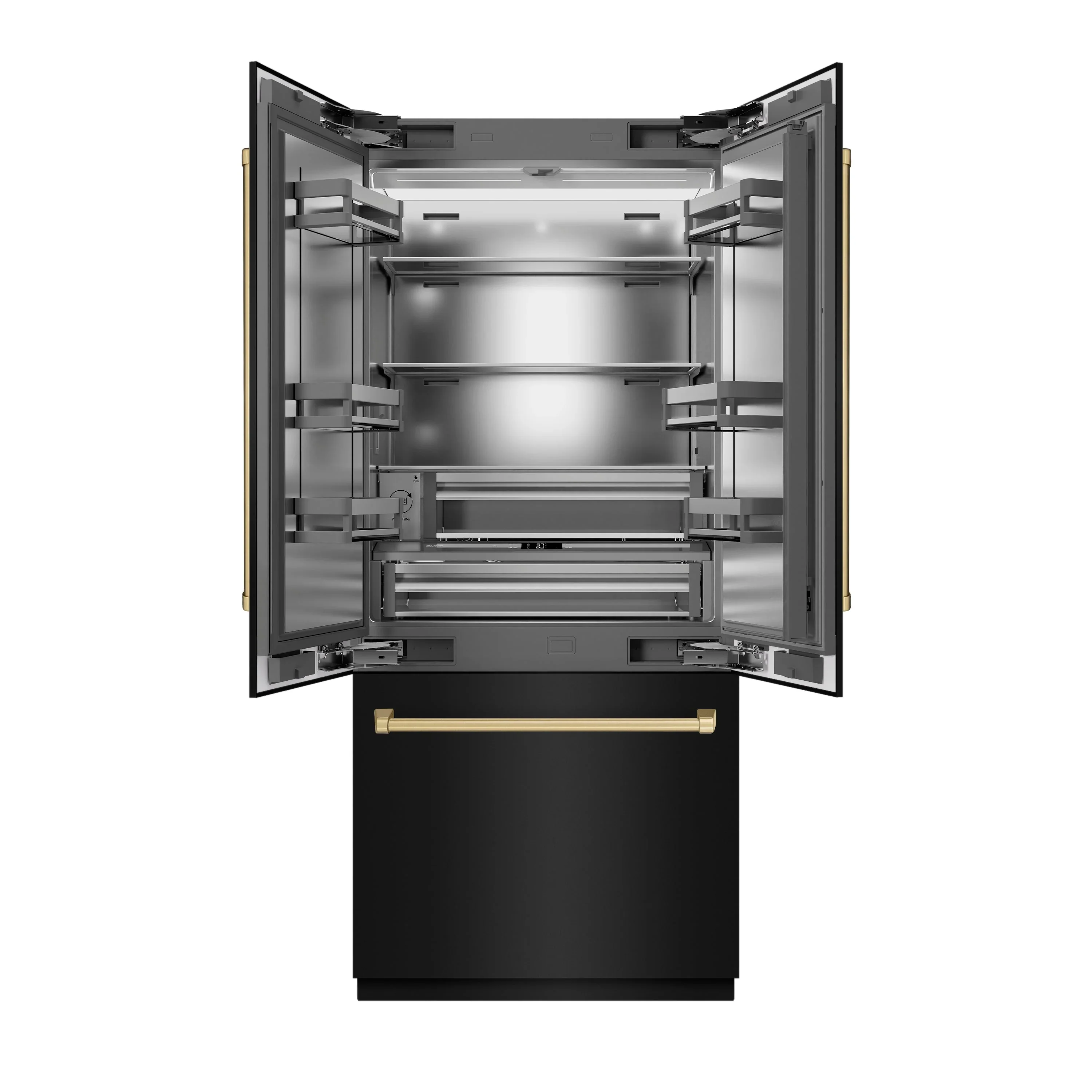 ZLINE Autograph Edition 36-Inch 19.6 cu. ft. French Door Built-In Bottom Freezer Refrigerator with Water Dispenser and Ice Maker in Black Stainless Steel with Stainless Steel Interior and Champagne Bronze Accents (SRBIVZ-BS-36-CB) - Image 2