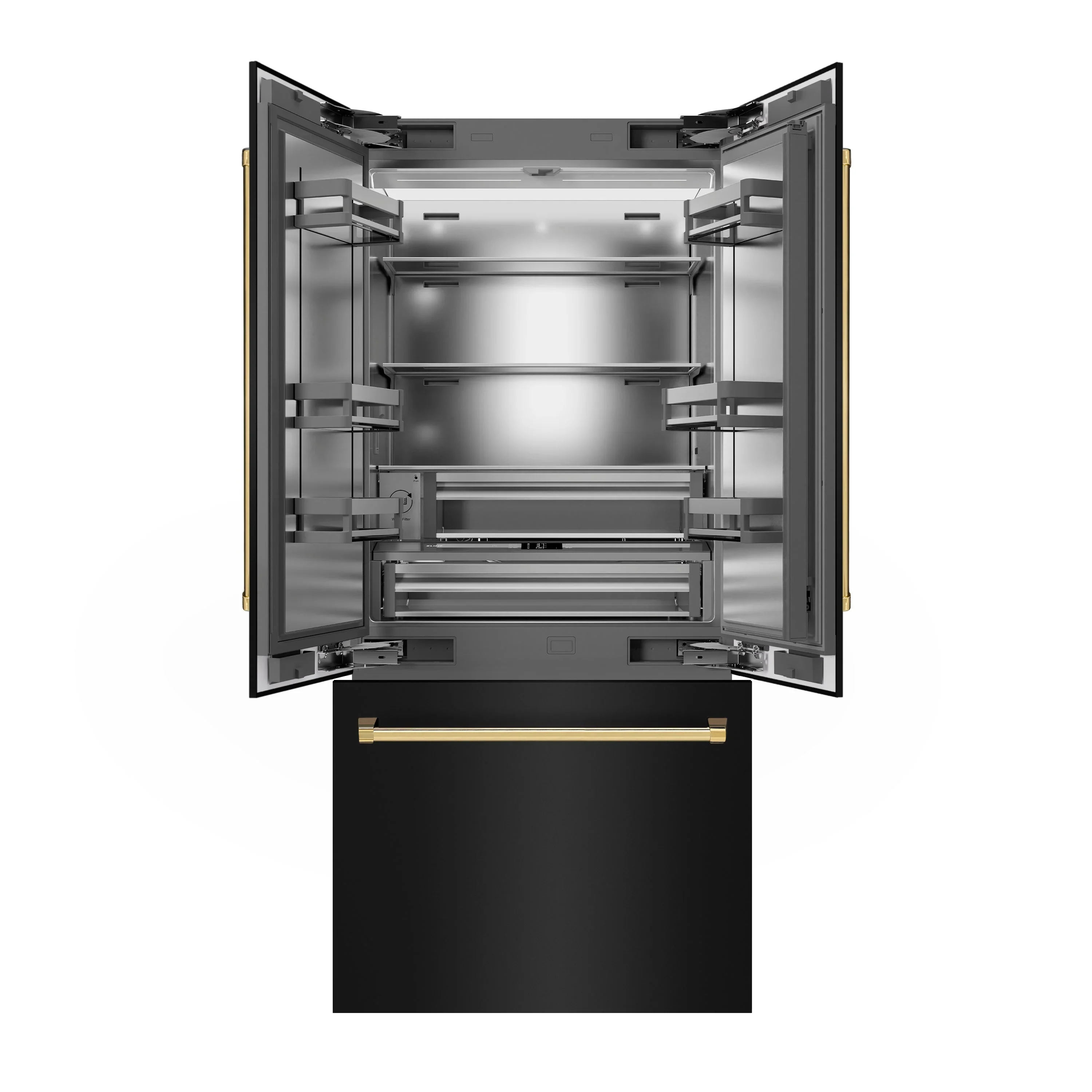 ZLINE Autograph Edition 36-Inch 19.6 cu. ft. French Door Built-In Bottom Freezer Refrigerator with Water Dispenser and Ice Maker in Black Stainless Steel with Stainless Steel Interior and Polished Gold Accents (SRBIVZ-BS-36-G) - Image 3