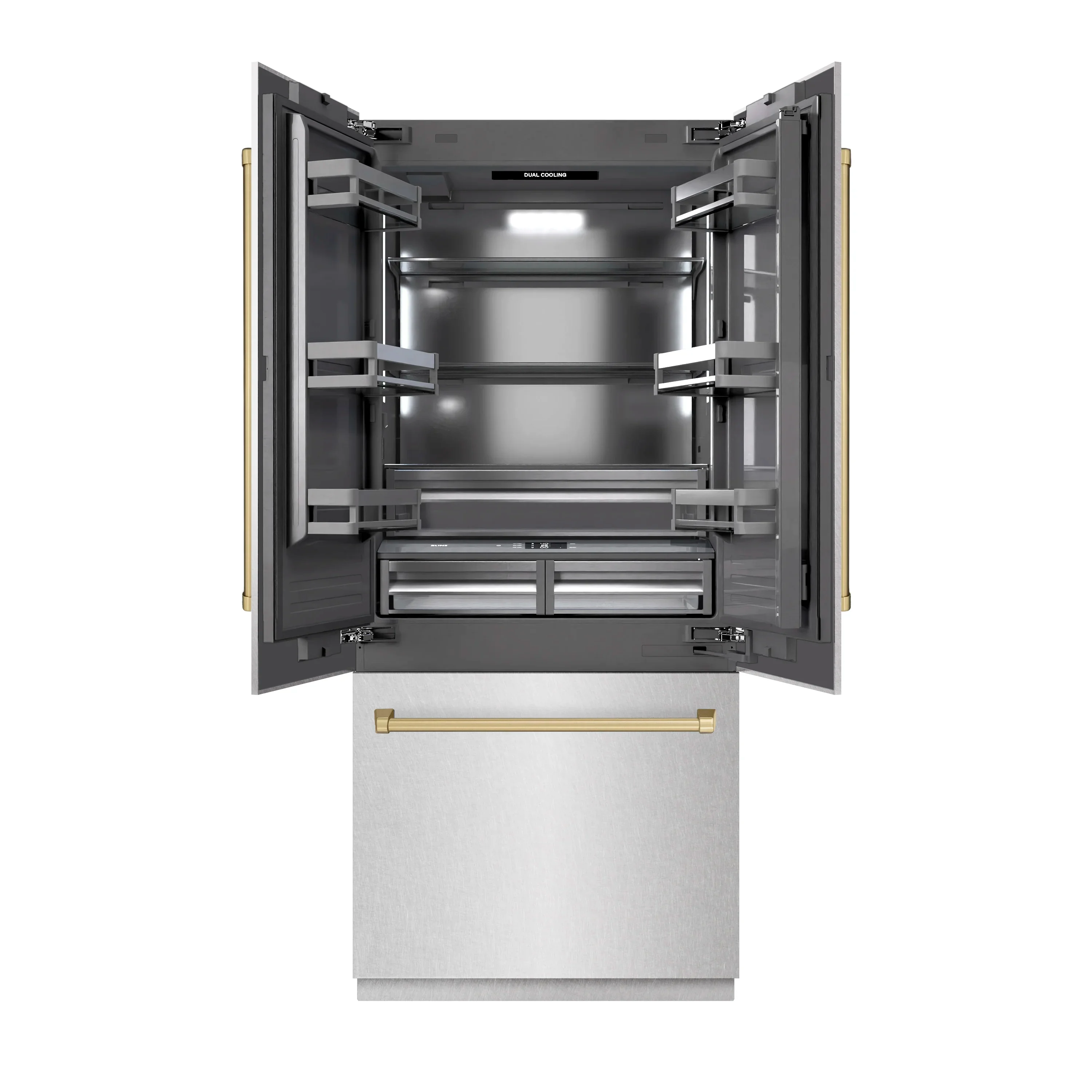 ZLINE Autograph Edition 36-Inch 19.6 Cu. Ft. French Door Built-In Bottom Freezer Refrigerator with Water Dispenser and Ice Maker in Satin Stainless Steel with Graphite Gray Interior and Champagne Bronze Accents (GRBIVZ-SN-36-CB) - Image 3