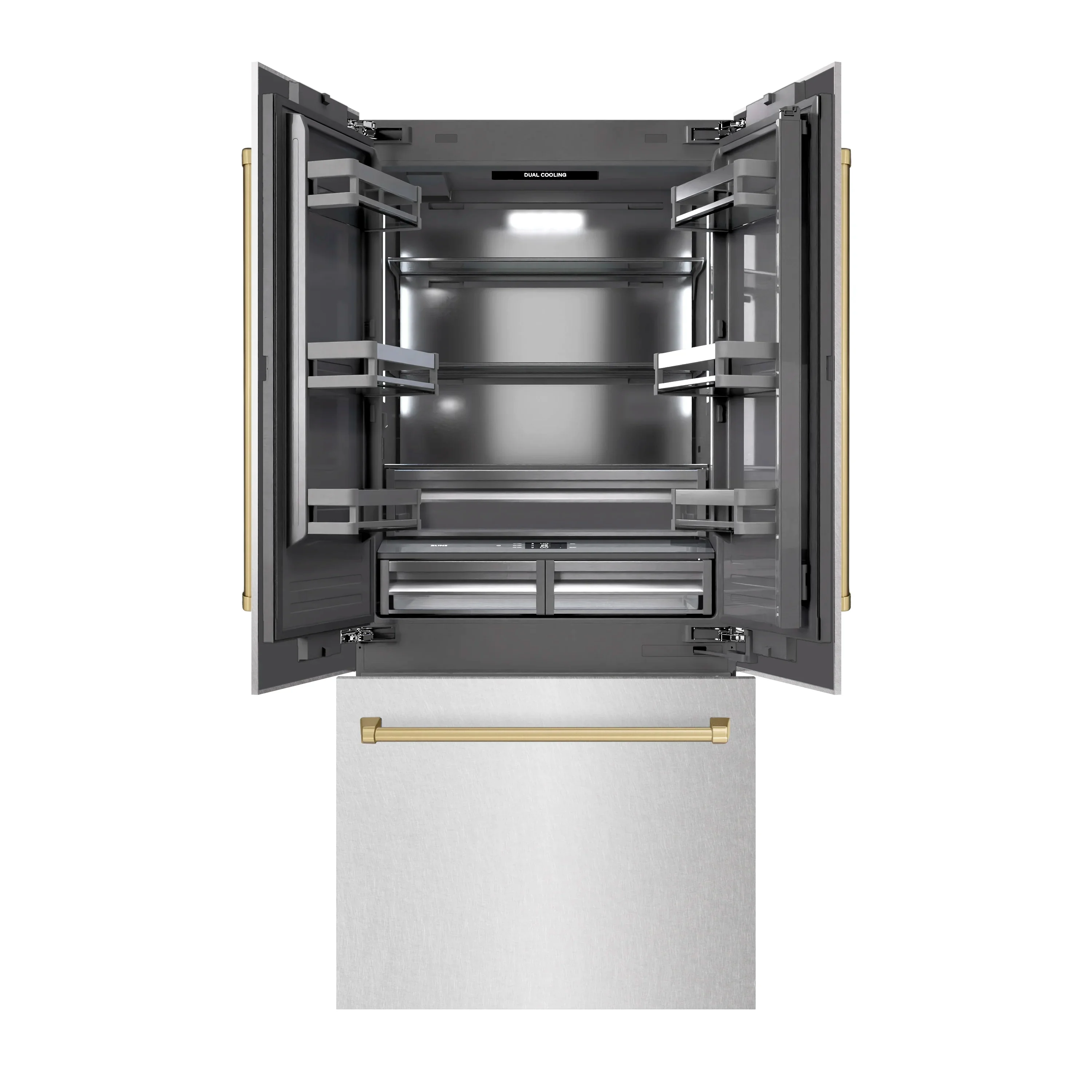 ZLINE Autograph Edition 36-Inch 19.6 Cu. Ft. French Door Built-In Bottom Freezer Refrigerator with Water Dispenser and Ice Maker in Satin Stainless Steel with Graphite Gray Interior and Champagne Bronze Accents (GRBIVZ-SN-36-CB) - Image 4