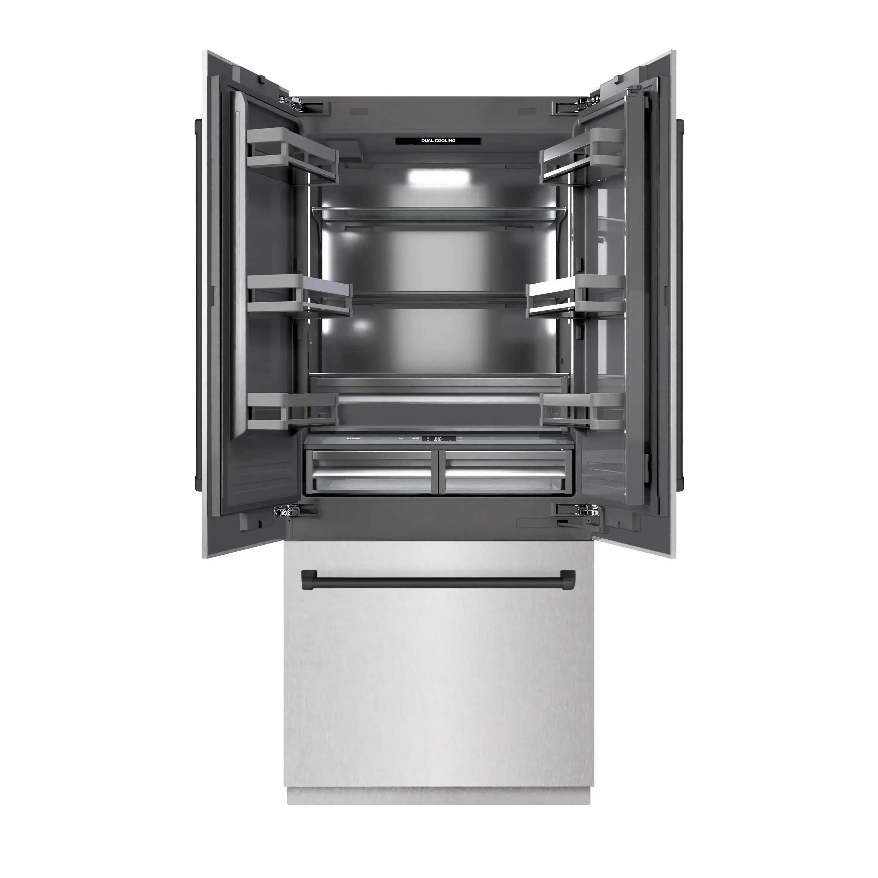 ZLINE Autograph Edition 36-Inch 19.6 Cu. Ft. French Door Built-In Bottom Freezer Refrigerator with Water Dispenser and Ice Maker in Satin Stainless Steel with Graphite Gray Interior and Matte Black Accents (GRBIVZ-SN-36-MB) - Image 3