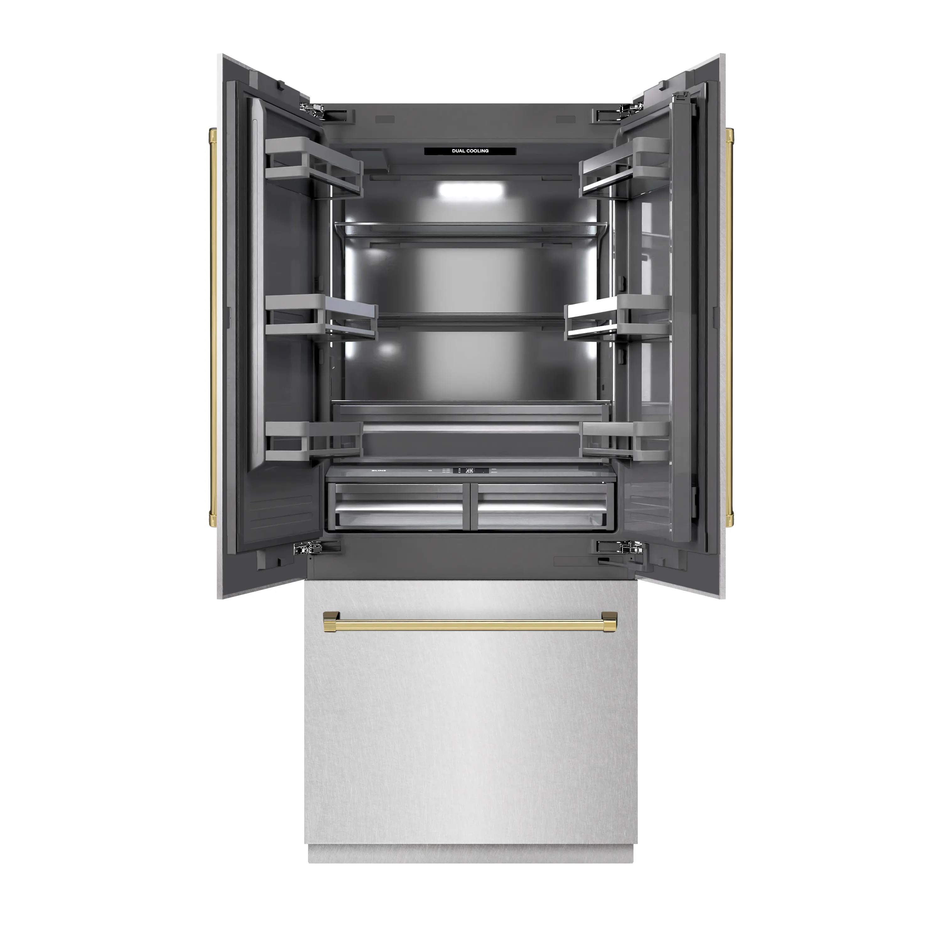 ZLINE Autograph Edition 36-Inch 19.6 Cu. Ft. French Door Built-In Bottom Freezer Refrigerator with Water Dispenser and Ice Maker in Satin Stainless Steel with Graphite Gray Interior and Polished Gold Accents (GRBIVZ-SN-36-G) - Image 2