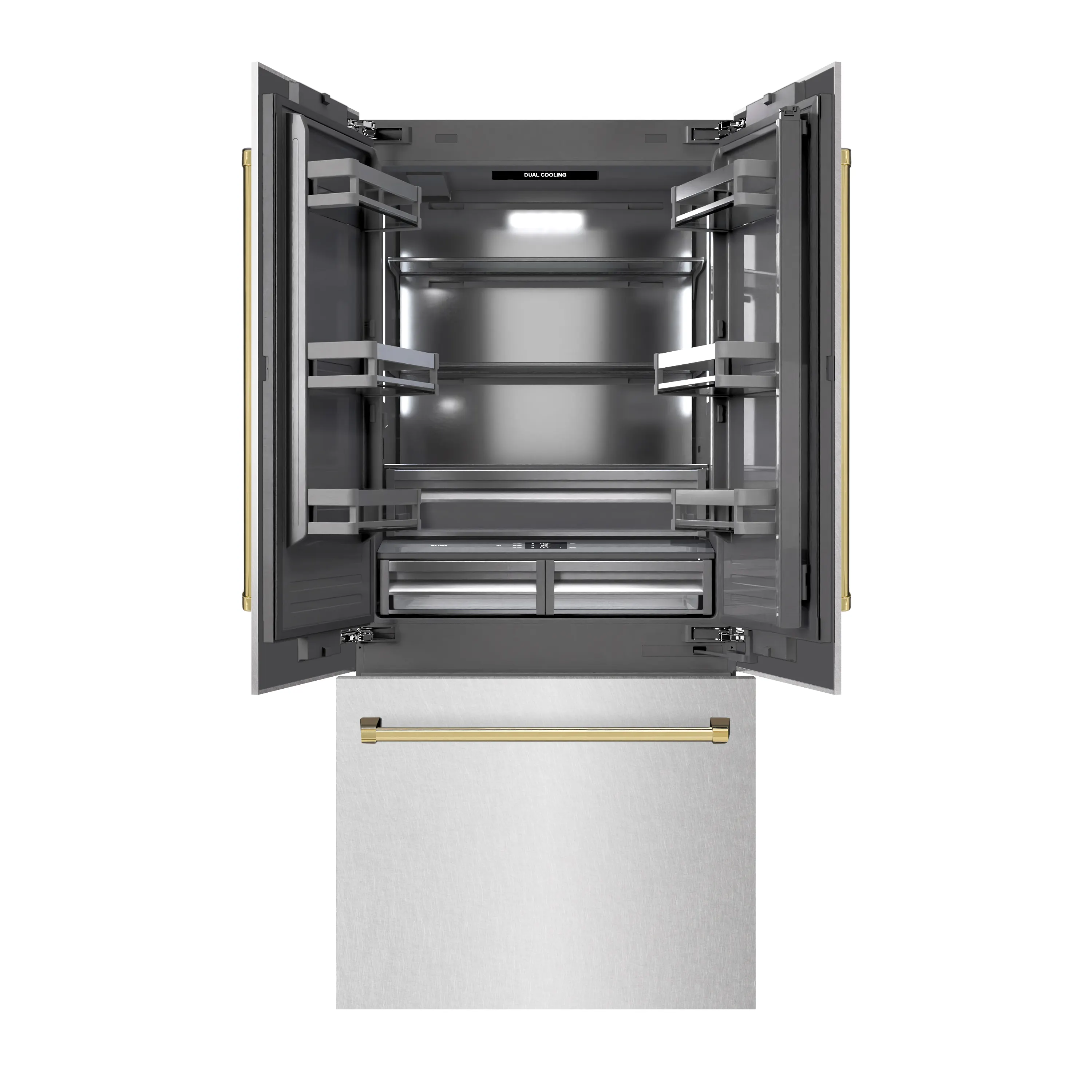 ZLINE Autograph Edition 36-Inch 19.6 Cu. Ft. French Door Built-In Bottom Freezer Refrigerator with Water Dispenser and Ice Maker in Satin Stainless Steel with Graphite Gray Interior and Polished Gold Accents (GRBIVZ-SN-36-G) - Image 3