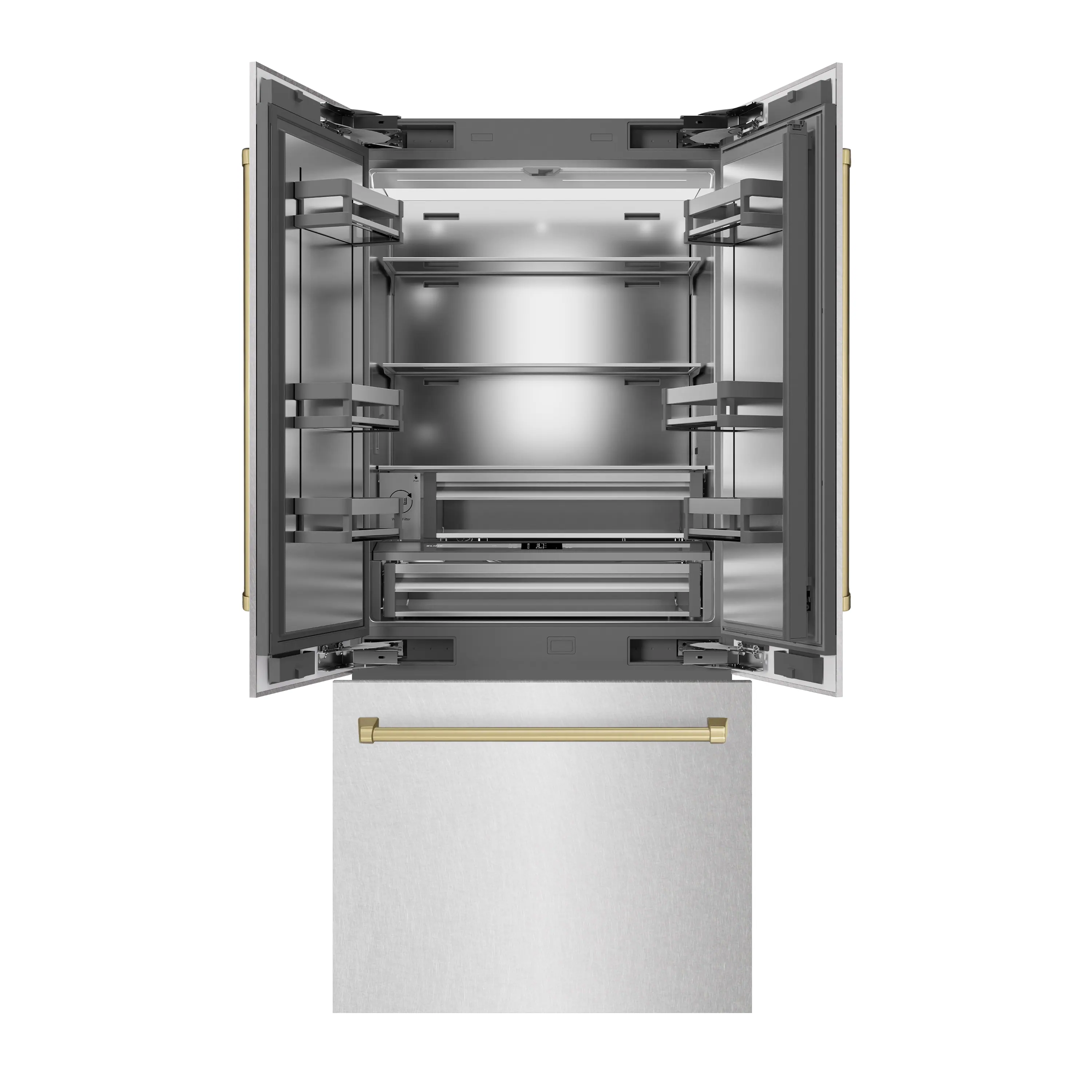 ZLINE Autograph Edition 36-Inch 19.6 cu. ft. French Door Built-In Bottom Freezer Refrigerator with Water Dispenser and Ice Maker in Satin Stainless Steel with Stainless Steel Interior and Champagne Bronze Accents (SRBIVZ-SN-36-CB) - Image 3