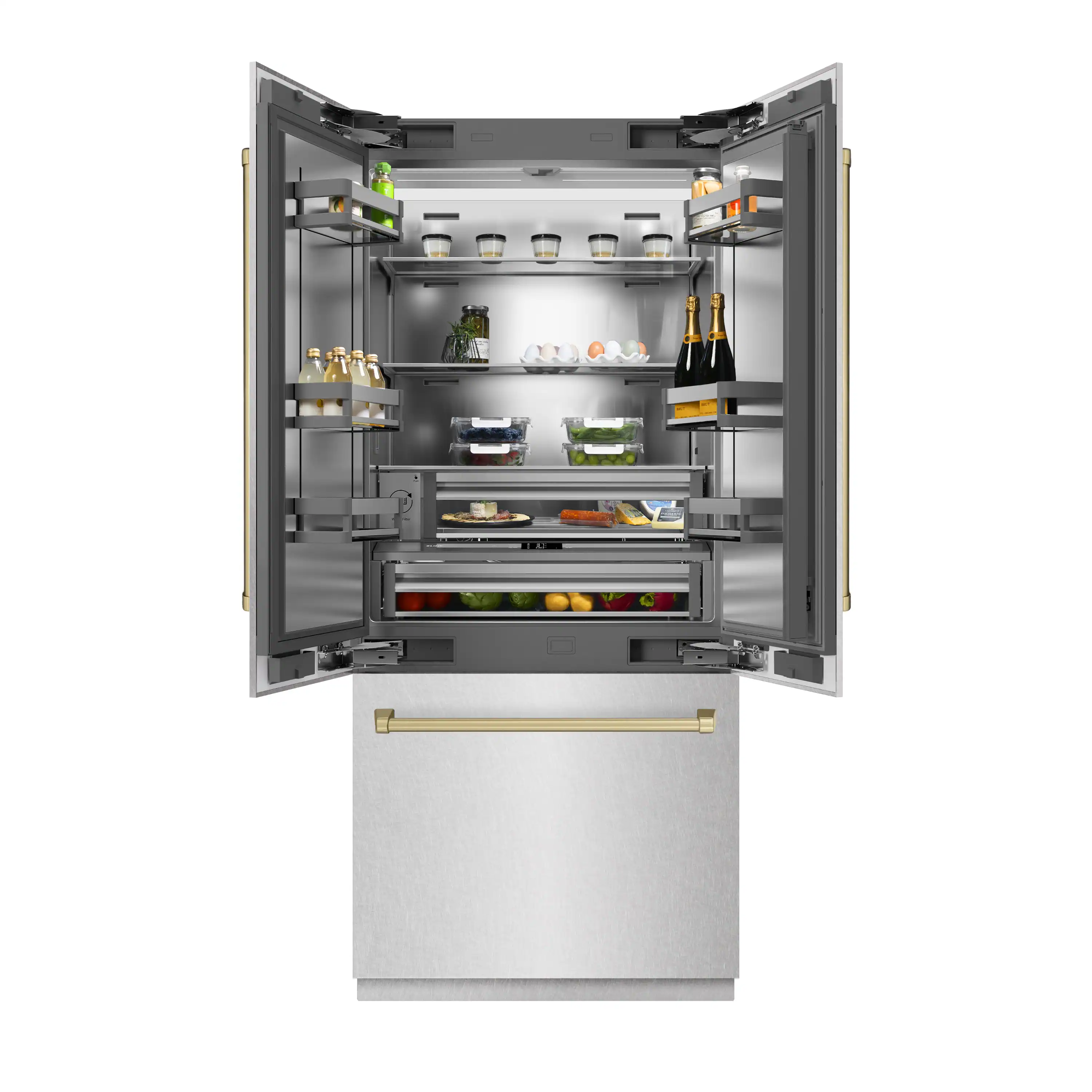ZLINE Autograph Edition 36-Inch 19.6 cu. ft. French Door Built-In Bottom Freezer Refrigerator with Water Dispenser and Ice Maker in Satin Stainless Steel with Stainless Steel Interior and Champagne Bronze Accents (SRBIVZ-SN-36-CB) - Image 4
