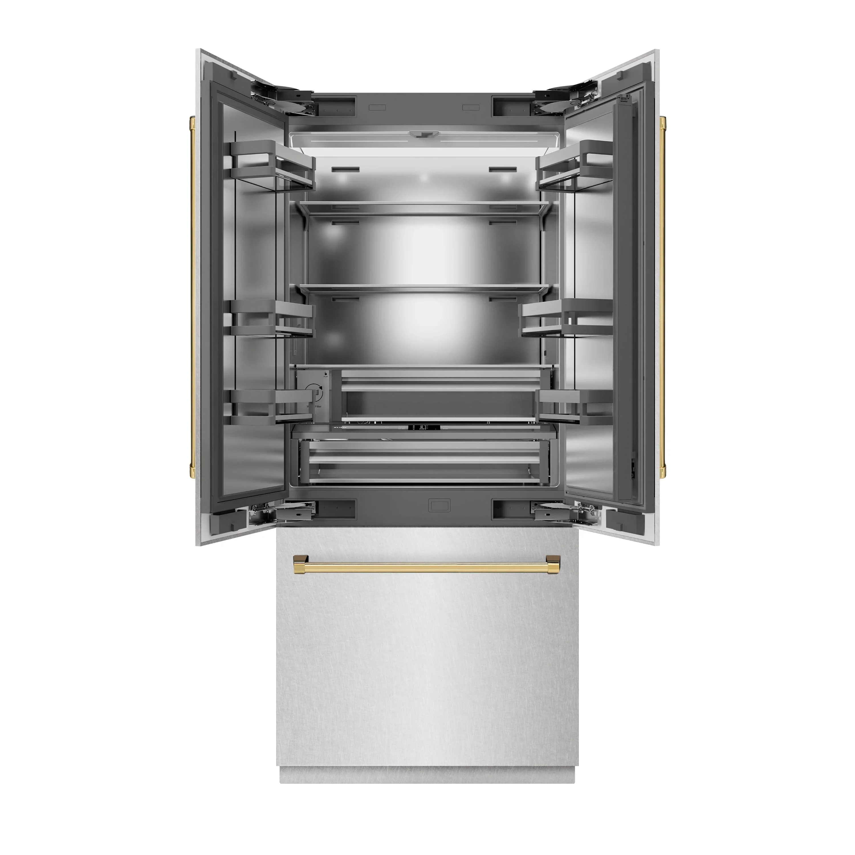 ZLINE Autograph Edition 36-Inch 19.6 cu. ft. French Door Built-In Bottom Freezer Refrigerator with Water Dispenser and Ice Maker in Satin Stainless Steel with Stainless Steel Interior and Polished Gold Accents (SRBIVZ-SN-36-G) - Image 3