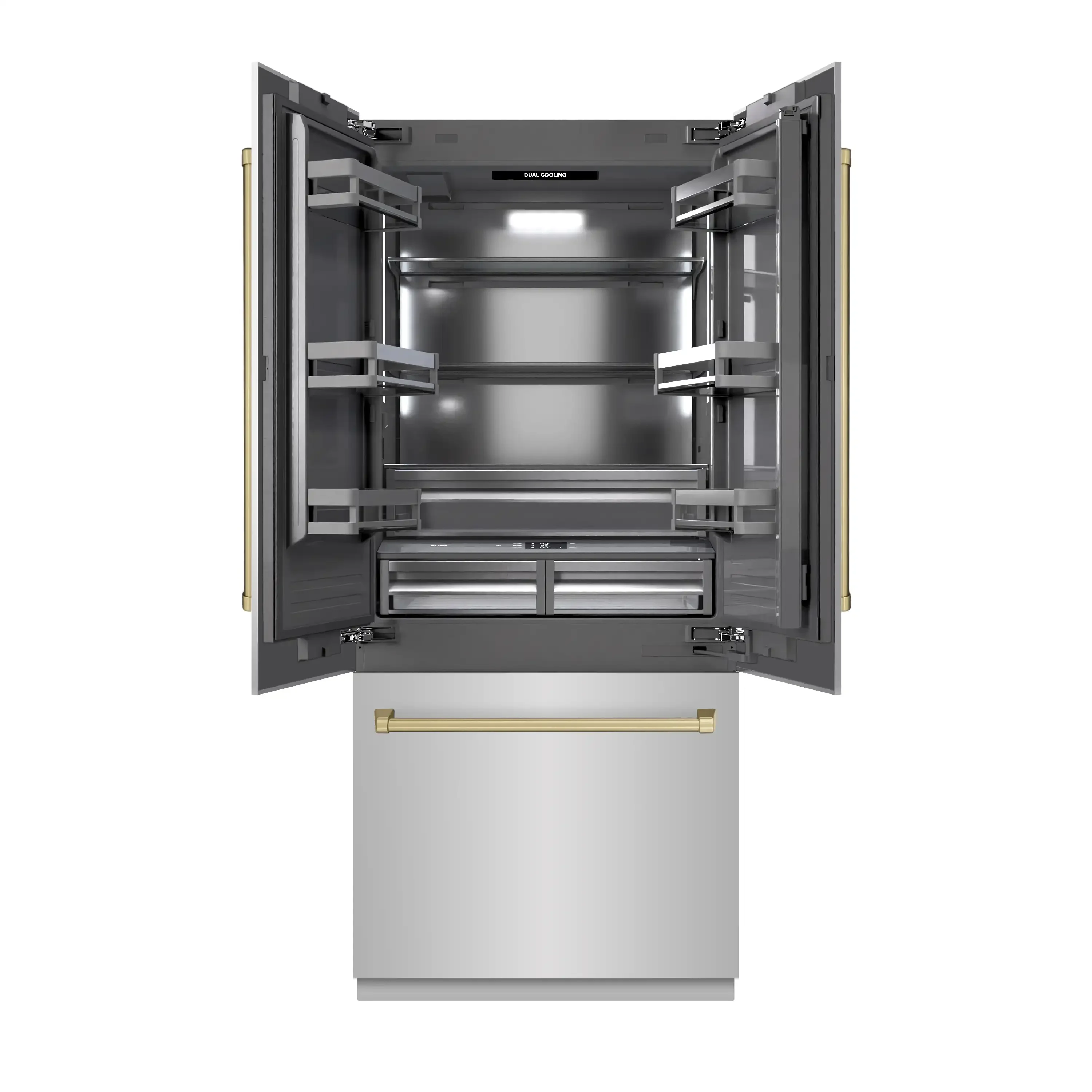 ZLINE Autograph Edition 36-Inch 19.6 Cu. Ft. French Door Built-In Bottom Freezer Refrigerator with Water Dispenser and Ice Maker in Stainless Steel with Graphite Gray Interior and Champagne Bronze Accents (GRBIVZ-304-36CB) - Image 2