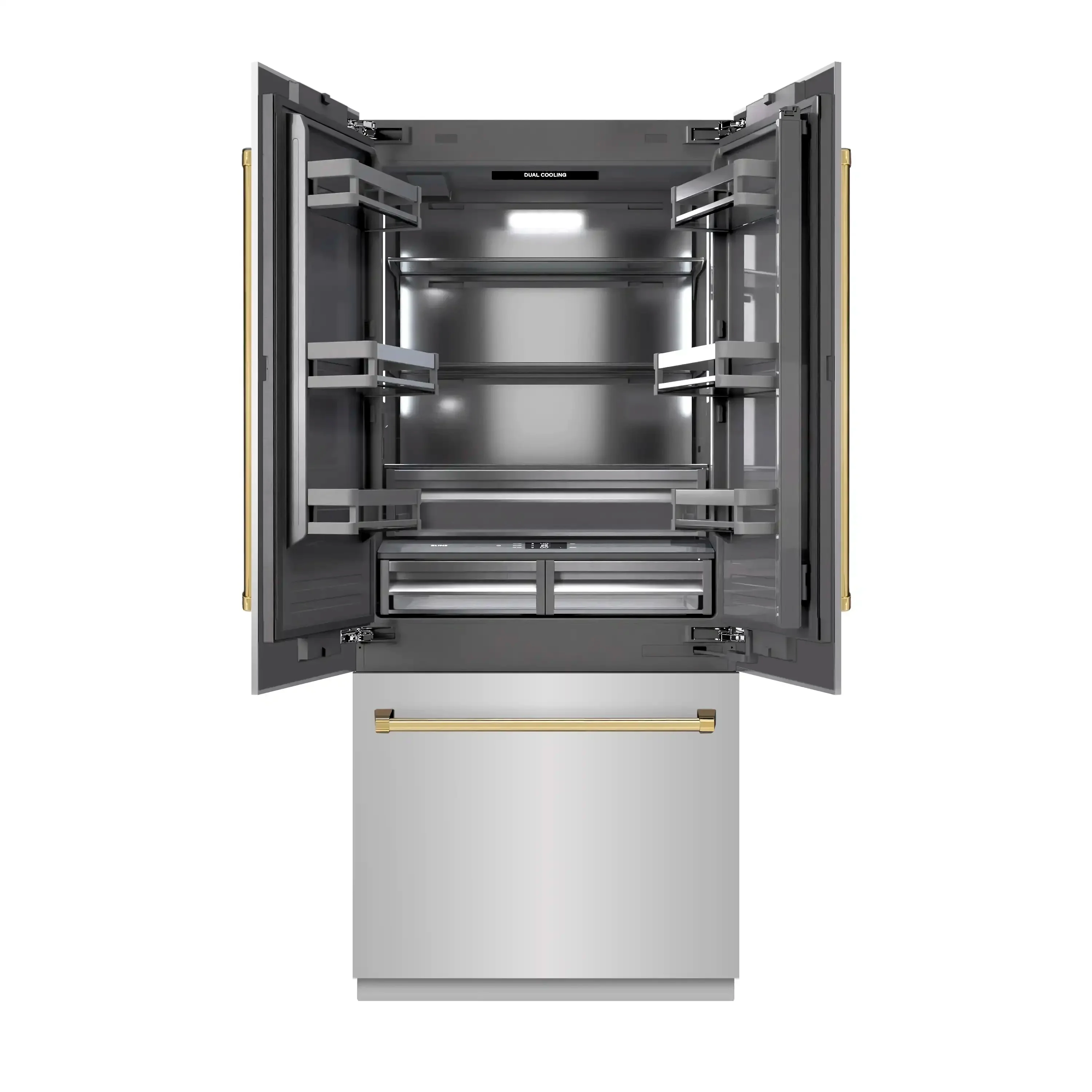 ZLINE Autograph Edition 36-Inch 19.6 Cu. Ft. French Door Built-In Bottom Freezer Refrigerator with Water Dispenser and Ice Maker in Stainless Steel with Graphite Gray Interior and Polished Gold Accents (GRBIVZ-304-36G) - Image 2