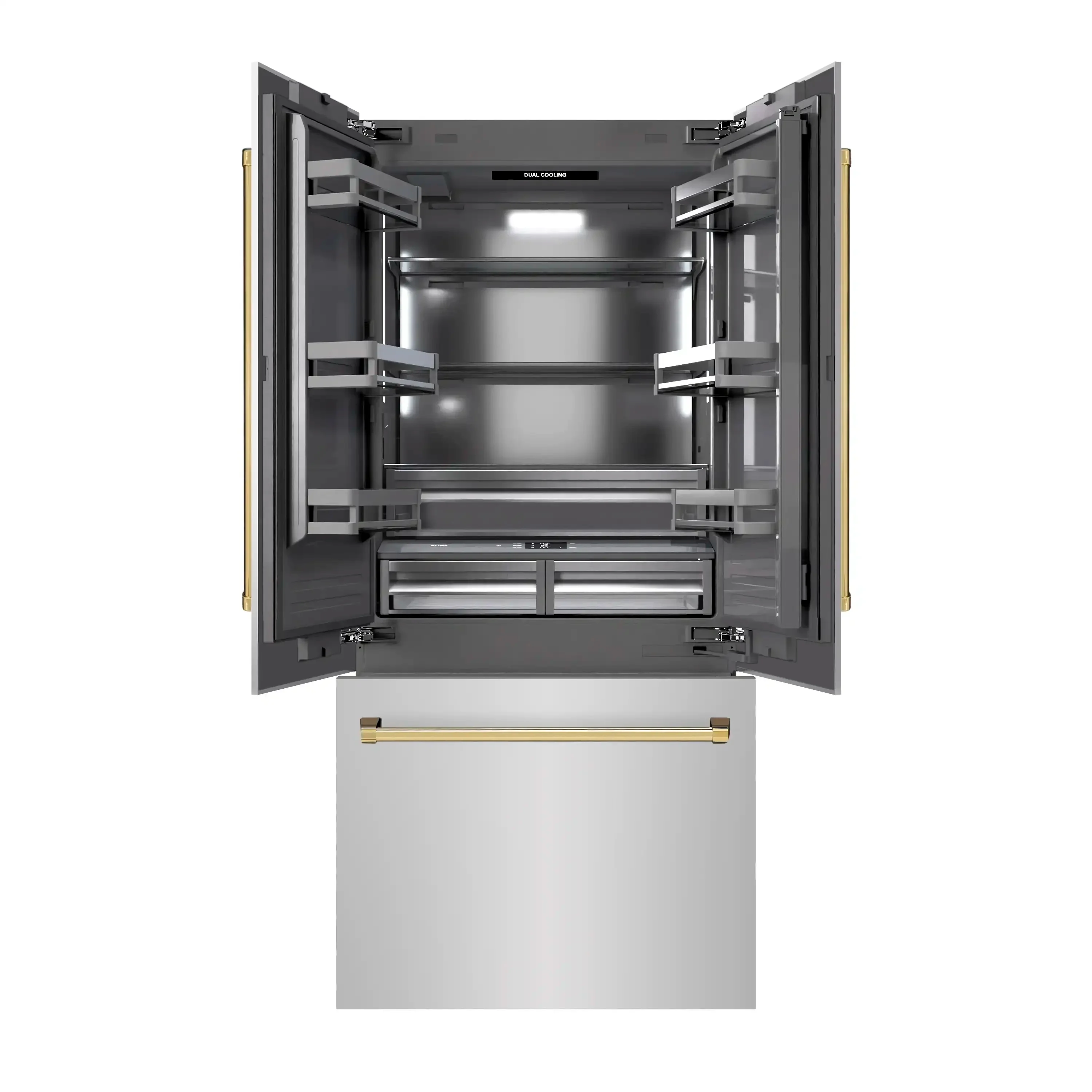 ZLINE Autograph Edition 36-Inch 19.6 Cu. Ft. French Door Built-In Bottom Freezer Refrigerator with Water Dispenser and Ice Maker in Stainless Steel with Graphite Gray Interior and Polished Gold Accents (GRBIVZ-304-36G) - Image 3