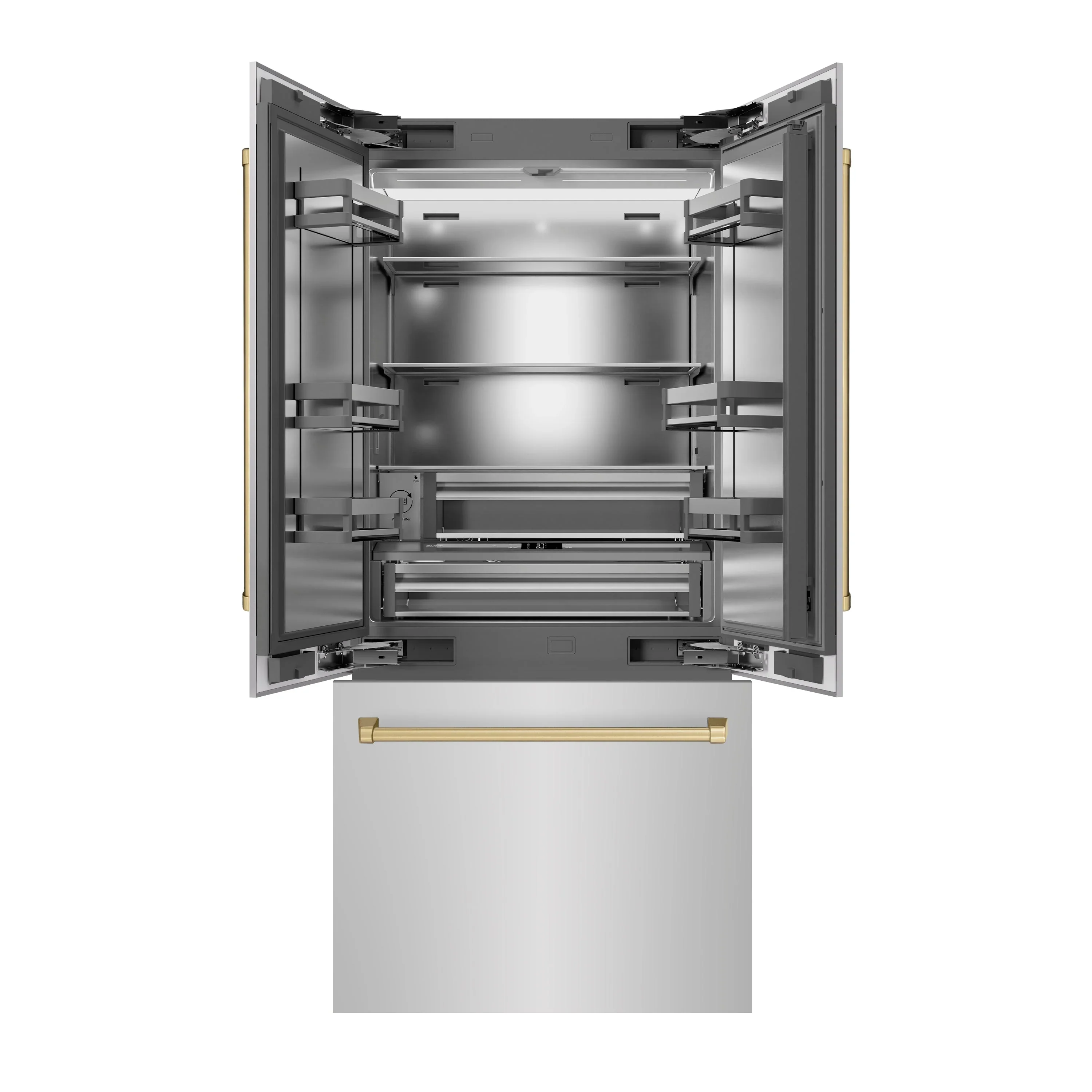 ZLINE Autograph Edition 36-Inch 19.6 cu. ft. French Door Built-In Bottom Freezer Refrigerator with Water Dispenser and Ice Maker in Stainless Steel with Stainless Steel Interior and Champagne Bronze Accents (SRBIVZ-304-36CB) - Image 3