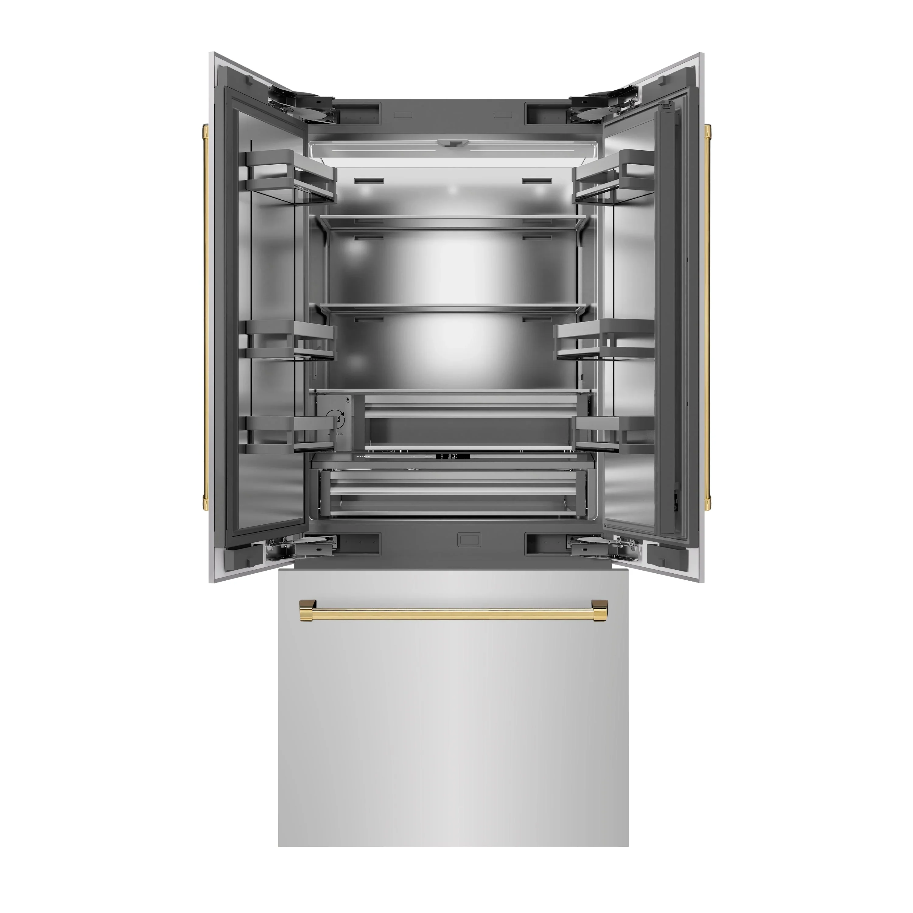 ZLINE Autograph Edition 36-Inch 19.6 cu. ft. French Door Built-In Bottom Freezer Refrigerator with Water Dispenser and Ice Maker in Stainless Steel with Stainless Steel Interior and Polished Gold Accents (SRBIVZ-304-36G) - Image 3