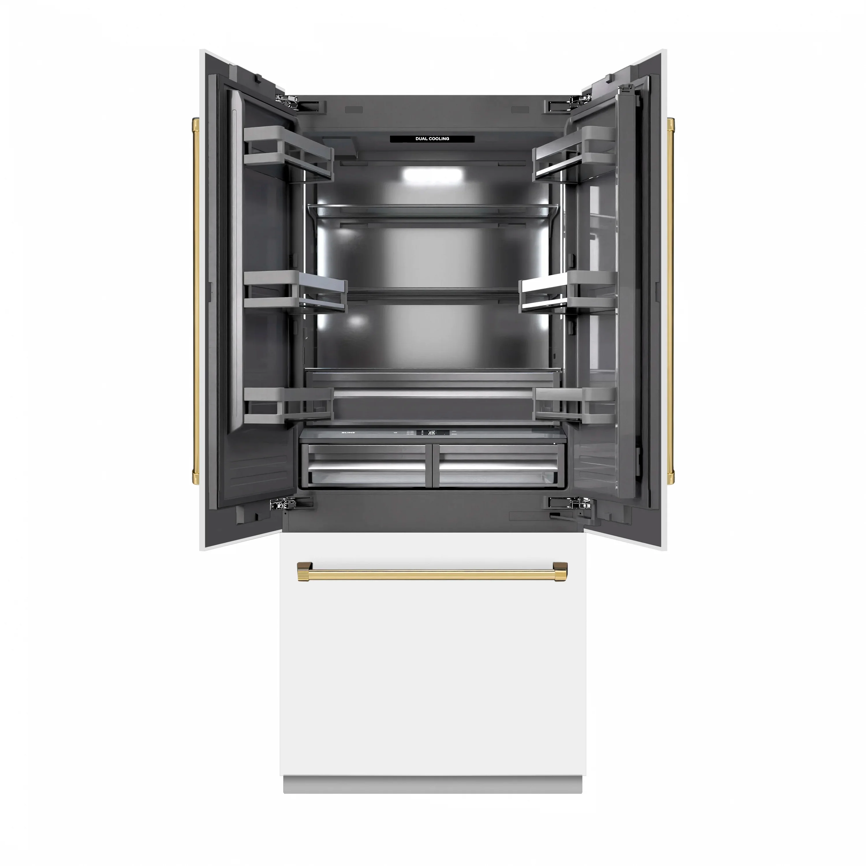 ZLINE Autograph Edition 36-Inch 19.6 Cu. Ft. French Door Built-In Bottom Freezer Refrigerator with Water Dispenser and Ice Maker in White Matte with Graphite Gray Interior and Polished Gold Accents (GRBIVZ-WM-36-G) - Image 2