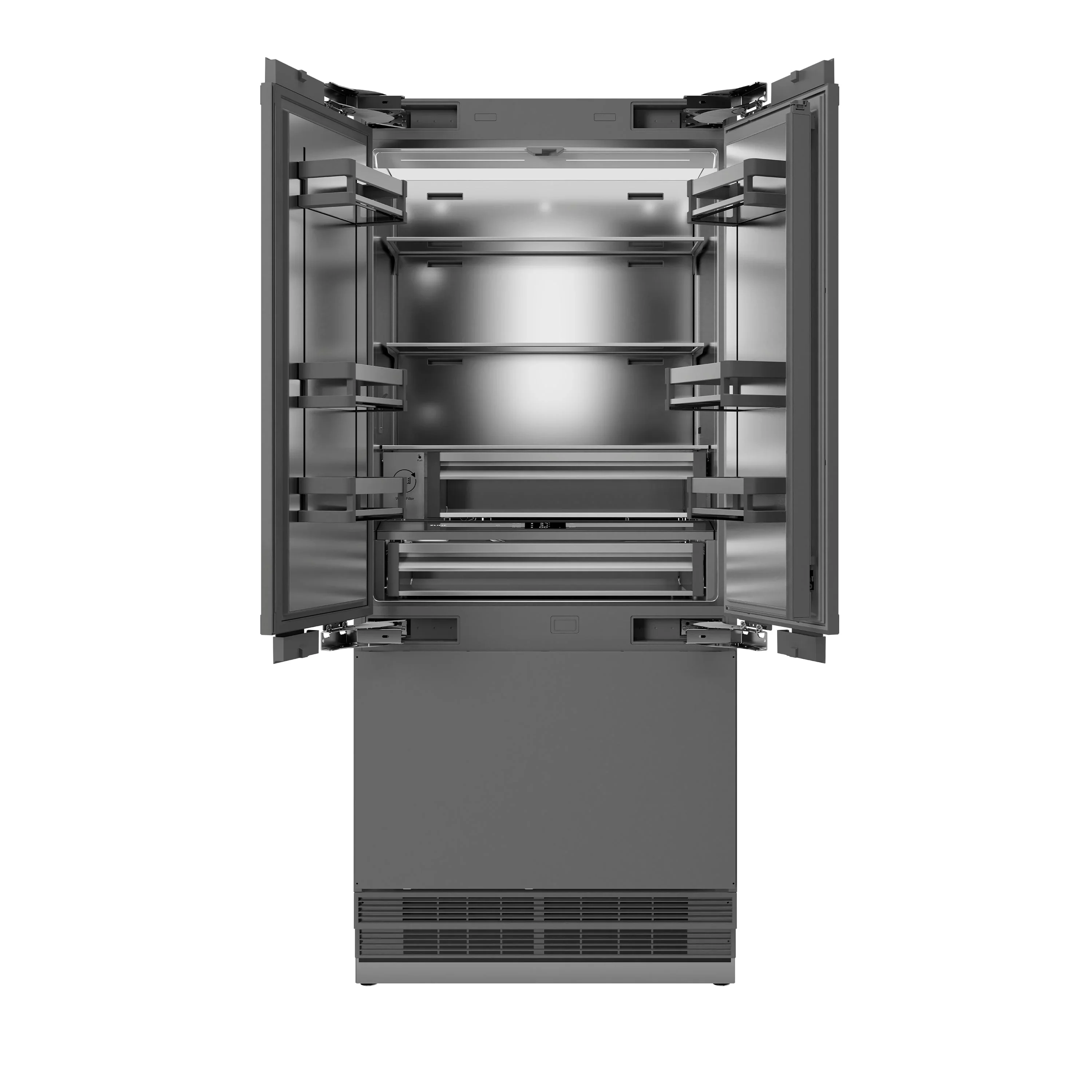 ZLINE Autograph Edition 36-Inch 19.6 cu. ft. Panel Ready French Door Built-In Bottom Freezer Refrigerator with Water Dispenser and Ice Maker with Stainless Steel Interior and Polished Gold Accents (SRBIVZ-36-G) - Image 5
