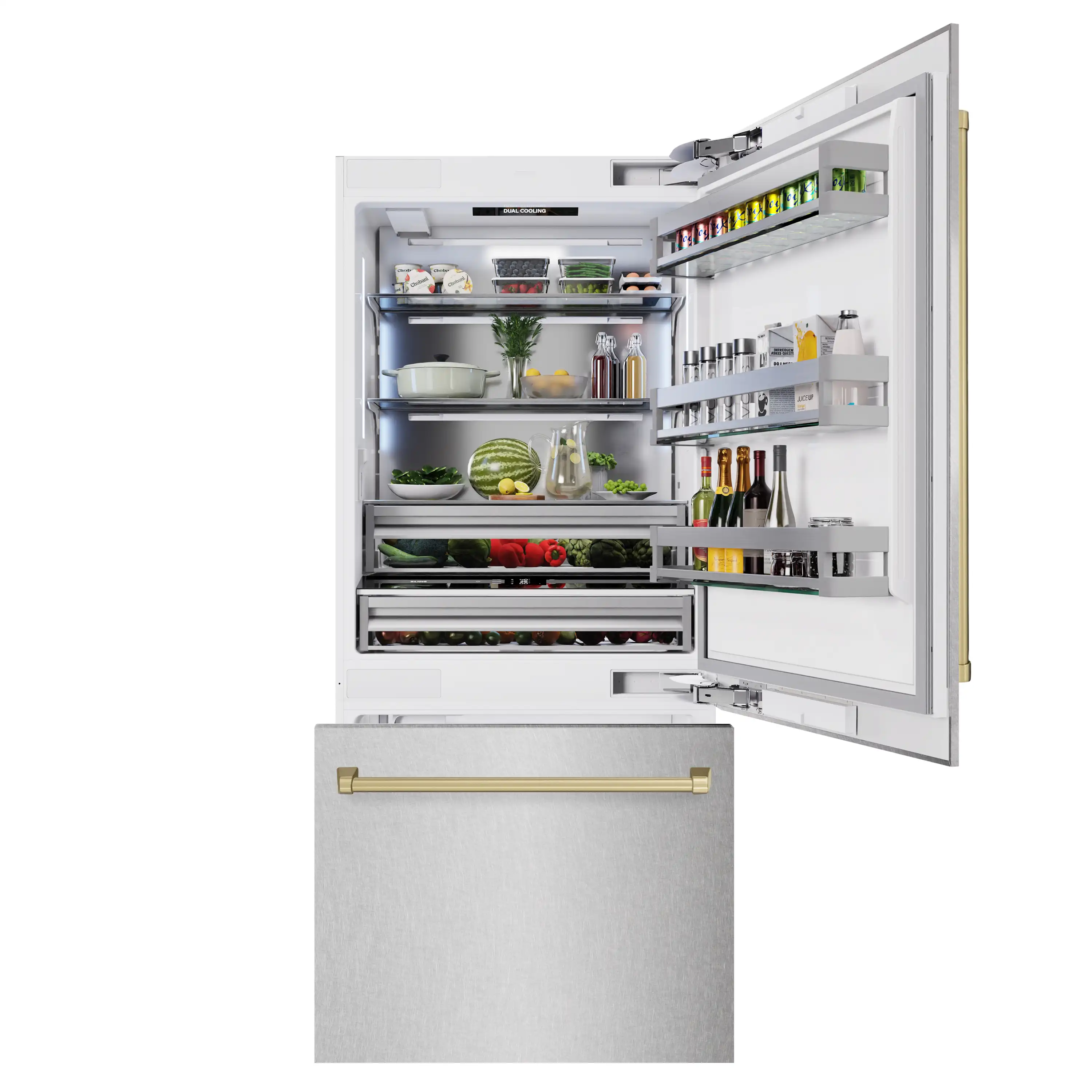 ZLINE Autograph Edition 36-Inch 19.8 Cu. Ft. Built-In Bottom Freezer Refrigerator with Water Dispenser and Ice Maker in Satin Stainless Steel and Champagne Bronze Accents (RBITZ-SN-36-CB) - Image 3