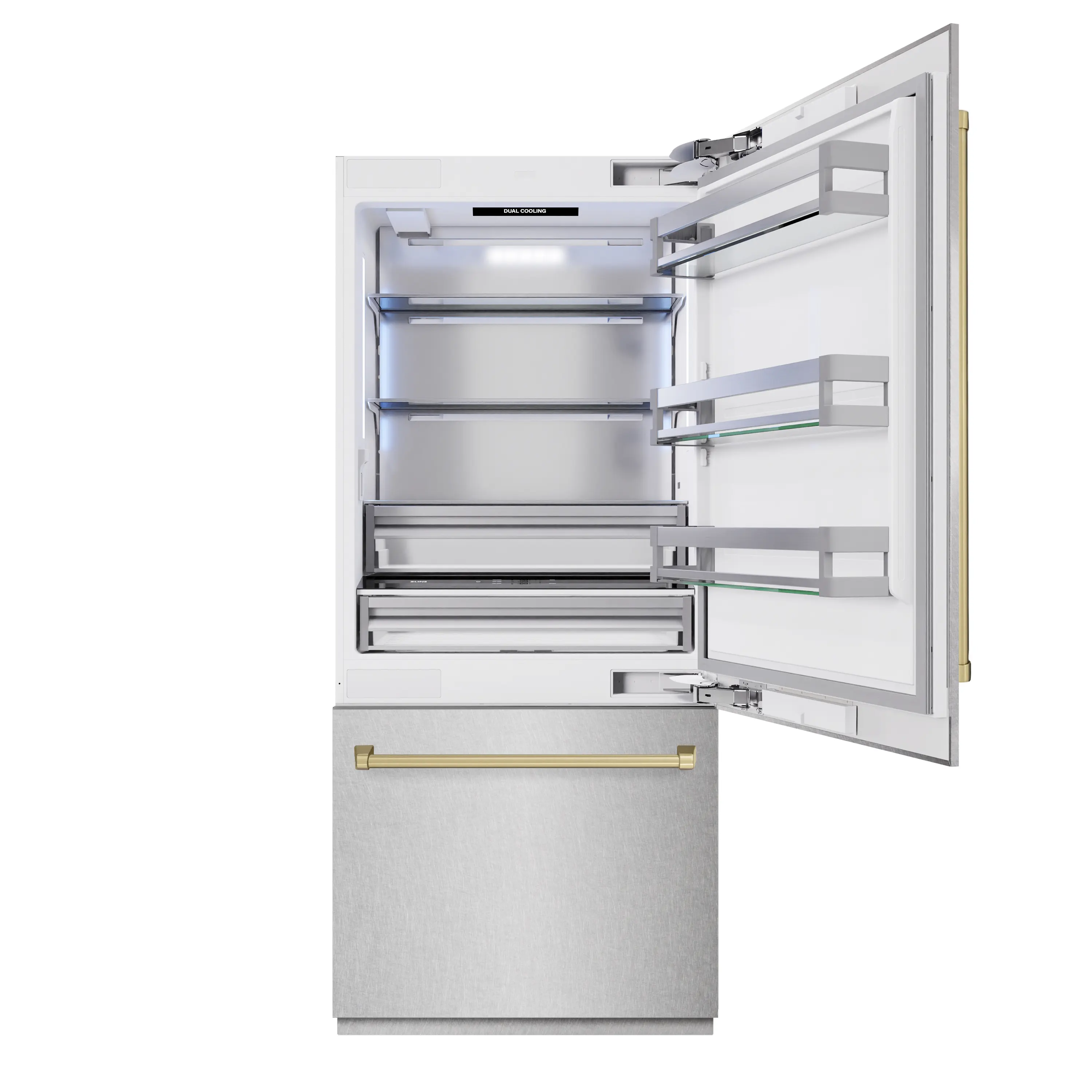 ZLINE Autograph Edition 36-Inch 19.8 Cu. Ft. Built-In Bottom Freezer Refrigerator with Water Dispenser and Ice Maker in Satin Stainless Steel and Champagne Bronze Accents (RBITZ-SN-36-CB) - Image 4