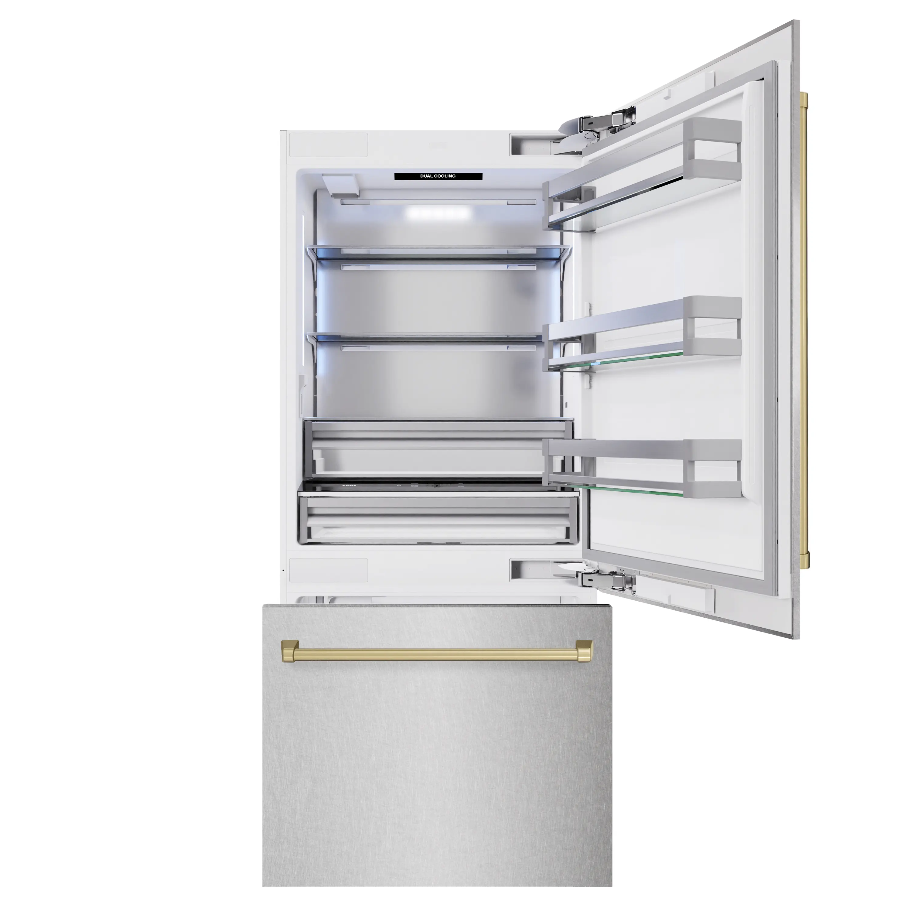ZLINE Autograph Edition 36-Inch 19.8 Cu. Ft. Built-In Bottom Freezer Refrigerator with Water Dispenser and Ice Maker in Satin Stainless Steel and Champagne Bronze Accents (RBITZ-SN-36-CB) - Image 5