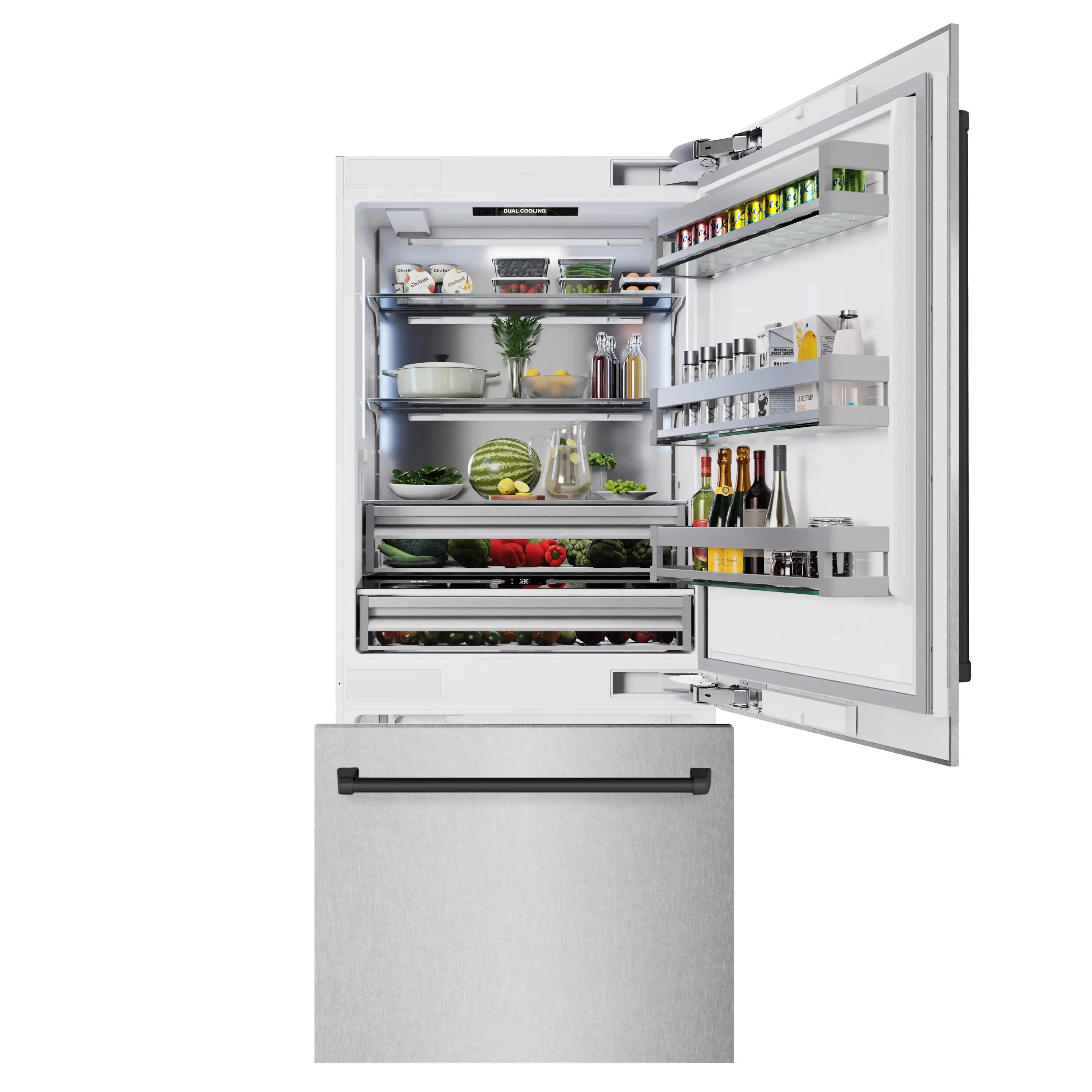ZLINE Autograph Edition 36-Inch 19.8 Cu. Ft. Built-In Bottom Freezer Refrigerator with Water Dispenser and Ice Maker in Satin Stainless Steel and Matte Black Accents (RBITZ-SN-36-MB) - Image 4
