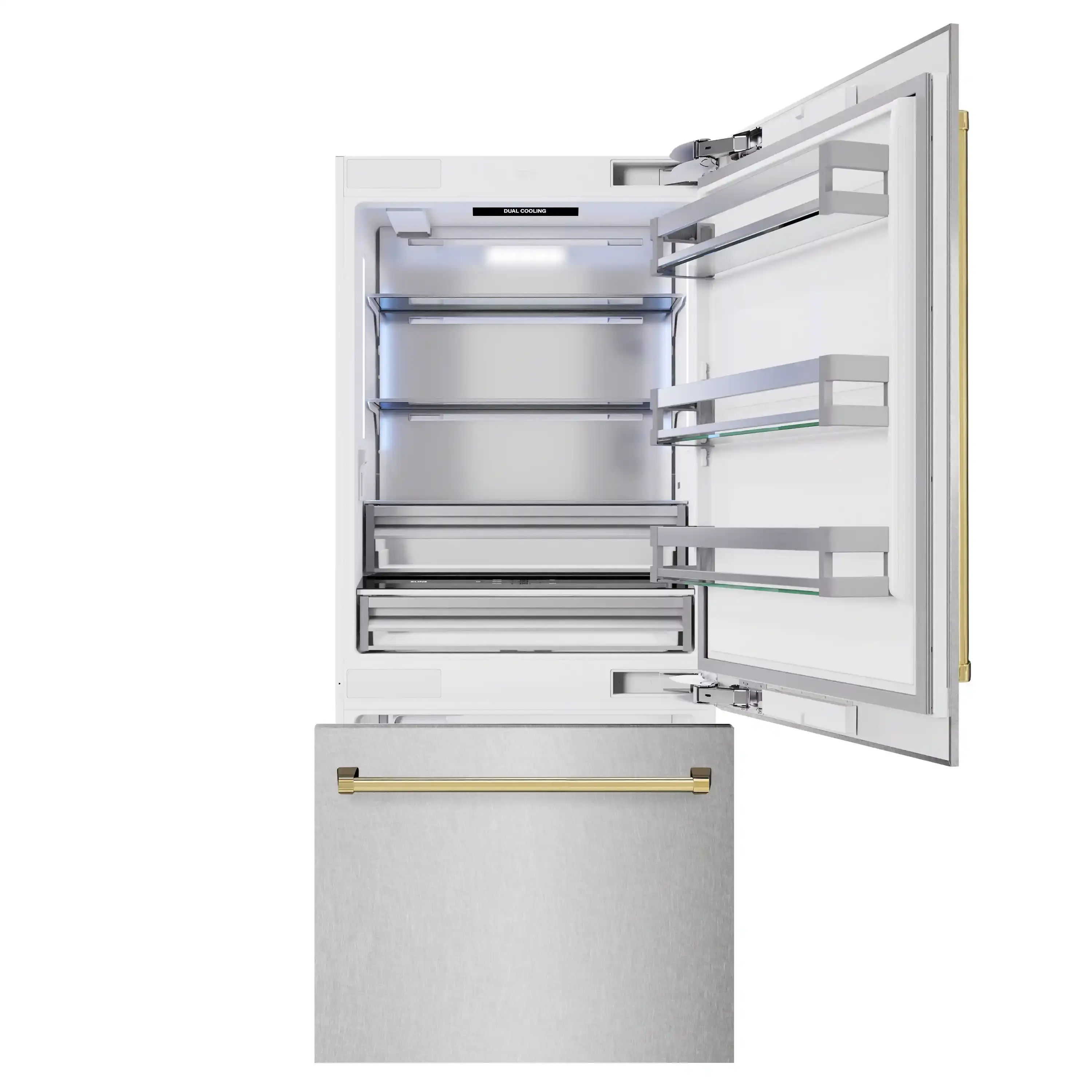 ZLINE Autograph Edition 36-Inch 19.8 Cu. Ft. Built-In Bottom Freezer Refrigerator with Water Dispenser and Ice Maker in Satin Stainless Steel and Polished Gold Accents (RBITZ-SN-36-G) - Image 4