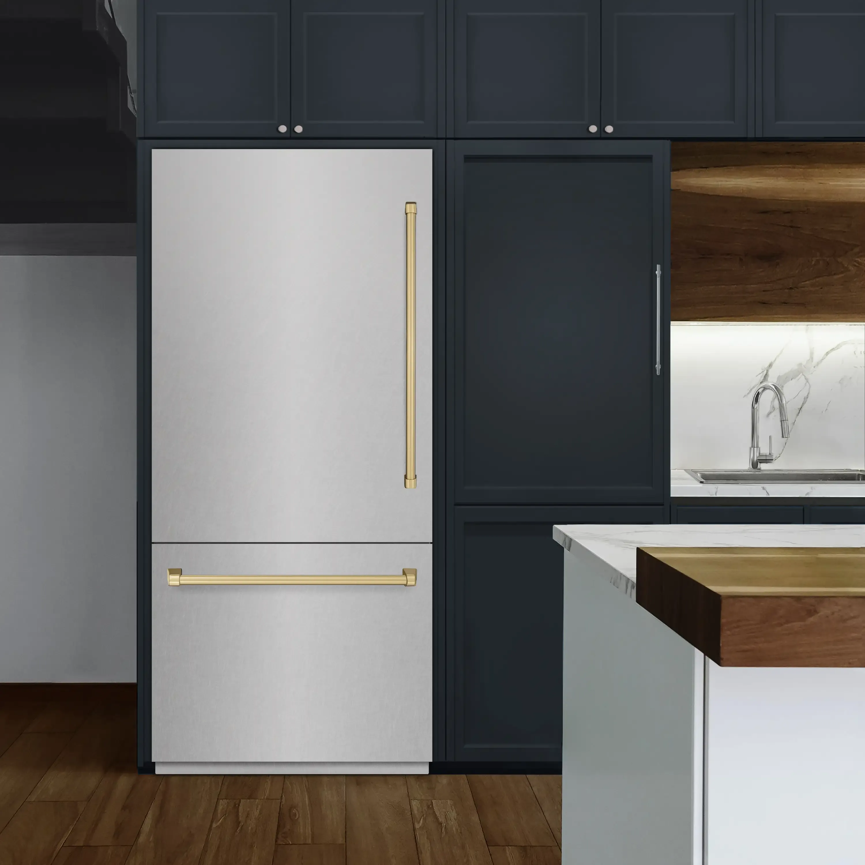 ZLINE Autograph Edition 36-Inch 19.8 Cu. Ft. Built-In Bottom Freezer Refrigerator with Water Dispenser and Ice Maker in Satin Stainless Steel with Graphite Gray Interior and Champagne Bronze Accents (GRBITZ-SN-36-CB) - Image 2