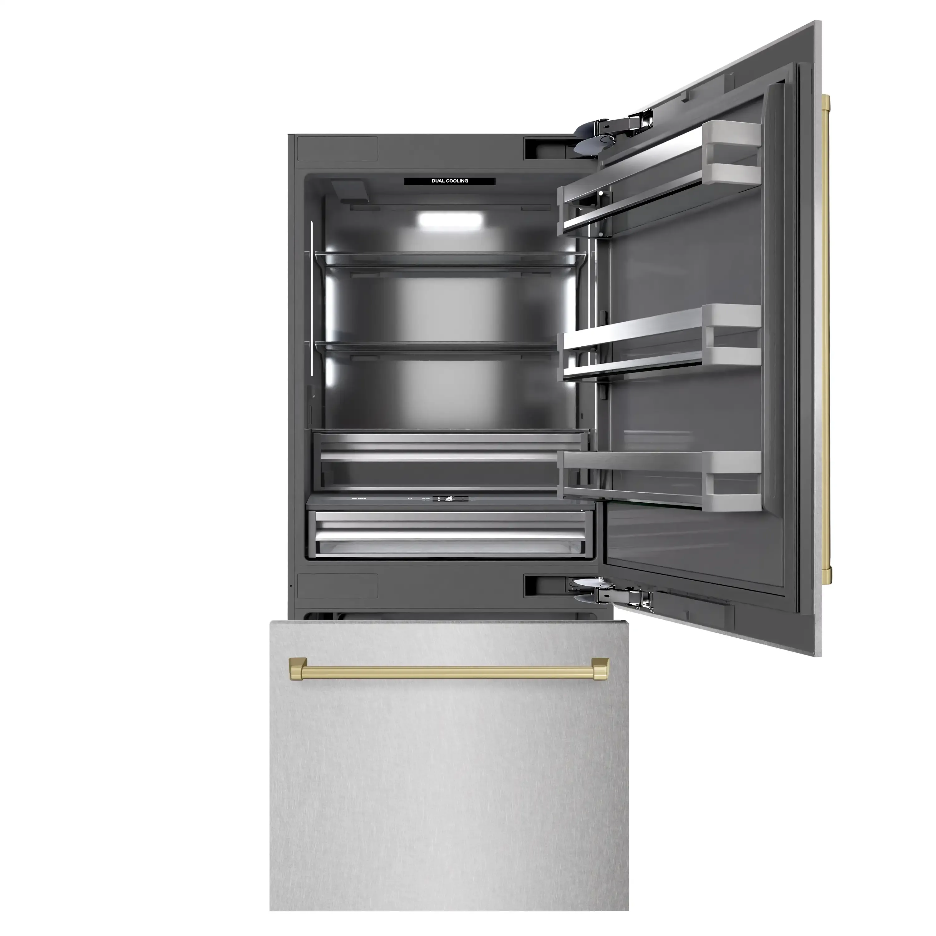 ZLINE Autograph Edition 36-Inch 19.8 Cu. Ft. Built-In Bottom Freezer Refrigerator with Water Dispenser and Ice Maker in Satin Stainless Steel with Graphite Gray Interior and Champagne Bronze Accents (GRBITZ-SN-36-CB) - Image 4