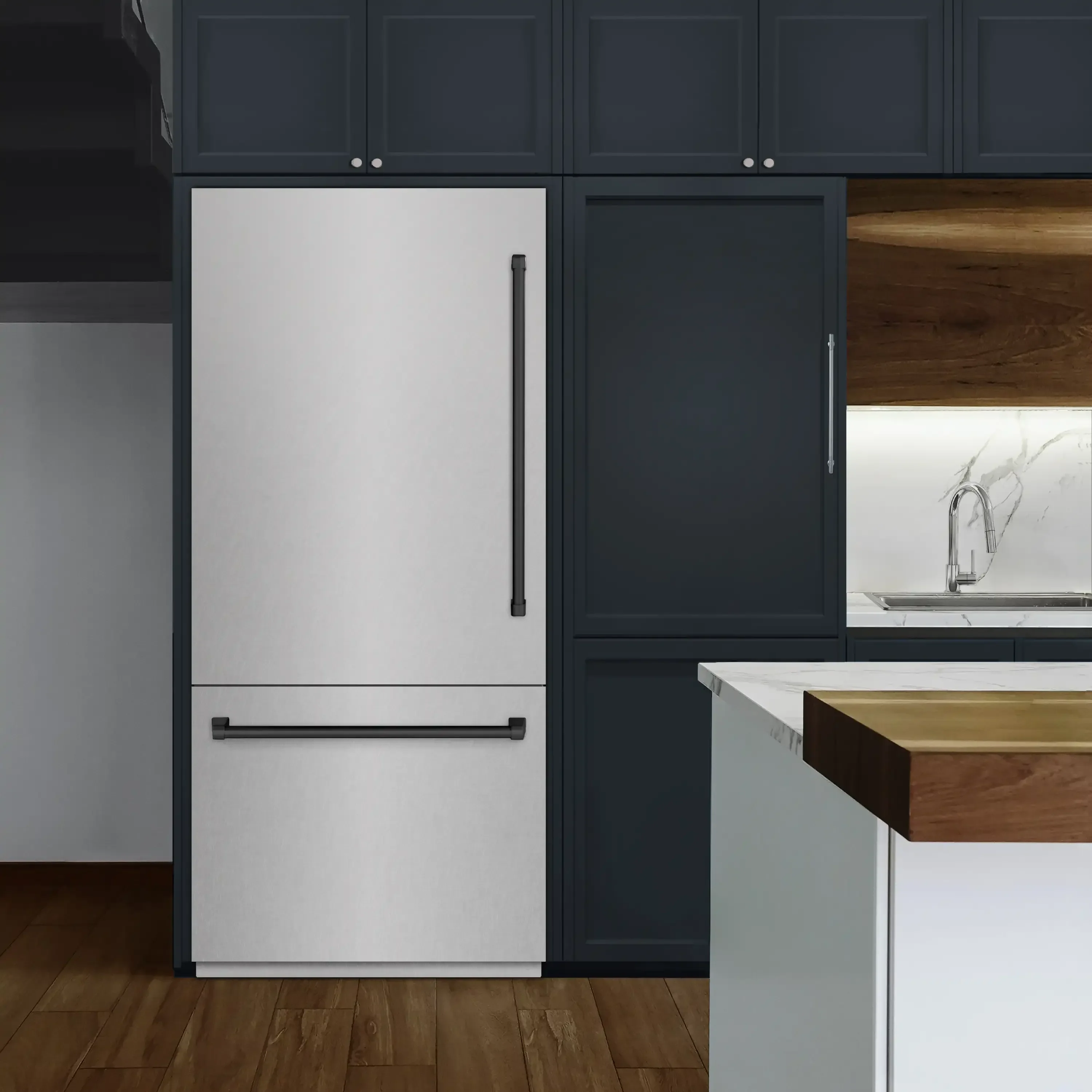 ZLINE Autograph Edition 36-Inch 19.8 Cu. Ft. Built-In Bottom Freezer Refrigerator with Water Dispenser and Ice Maker in Satin Stainless Steel with Graphite Gray Interior and Matte Black Accents (GRBITZ-SN-36-MB) - Image 2