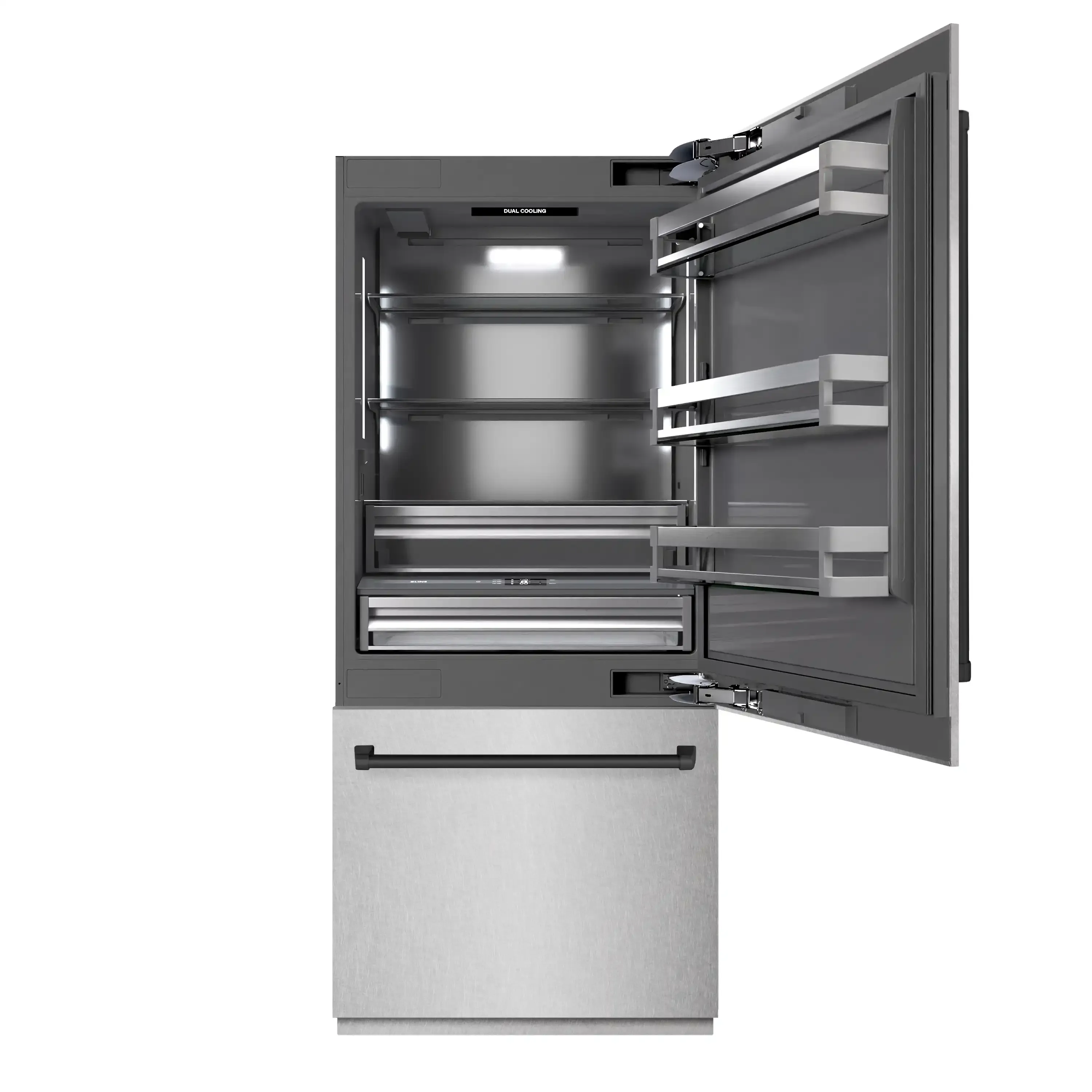 ZLINE Autograph Edition 36-Inch 19.8 Cu. Ft. Built-In Bottom Freezer Refrigerator with Water Dispenser and Ice Maker in Satin Stainless Steel with Graphite Gray Interior and Matte Black Accents (GRBITZ-SN-36-MB) - Image 3