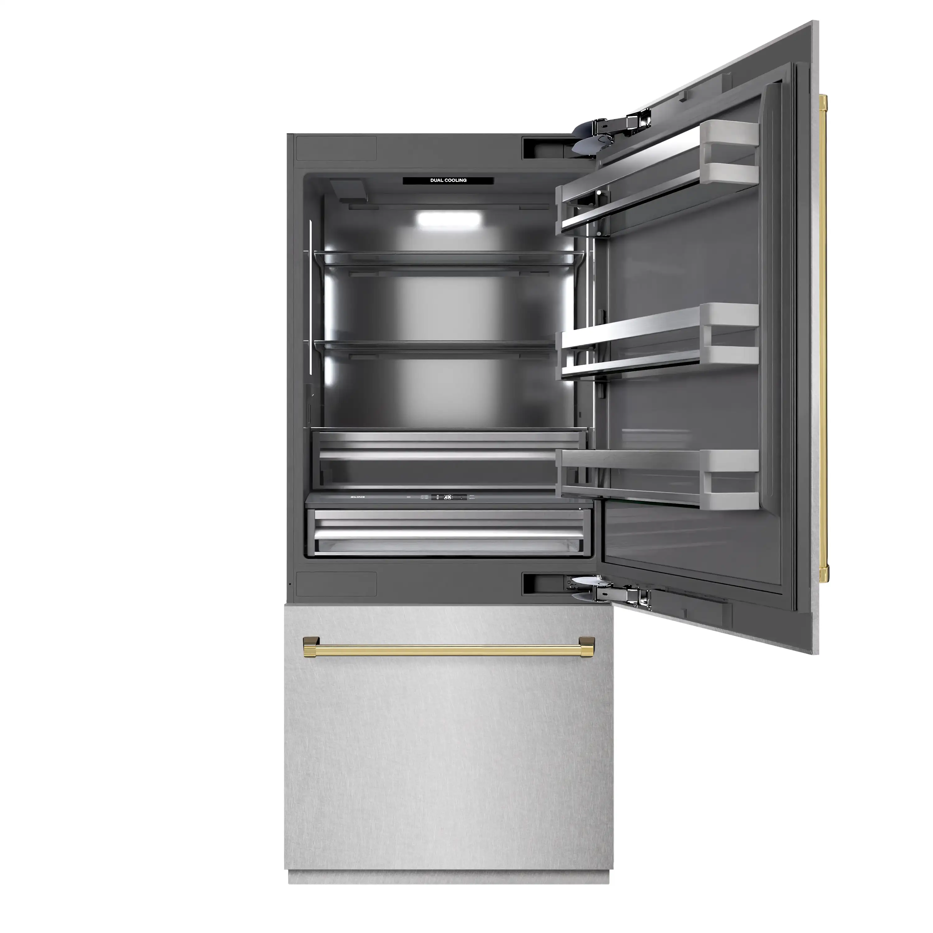 ZLINE Autograph Edition 36-Inch 19.8 Cu. Ft. Built-In Bottom Freezer Refrigerator with Water Dispenser and Ice Maker in Satin Stainless Steel with Graphite Gray Interior and Polished Gold Accents (GRBITZ-SN-36-G) - Image 3